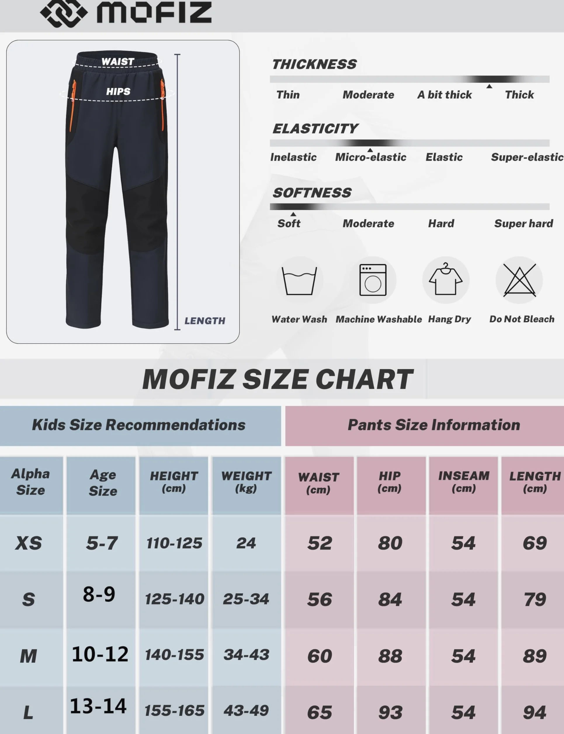 MoFiz Spodnie softshellowe dla dzieci, spodnie narciarskie, termiczne, spodnie robocze, dla chłopców i dziewczynek, miękkie, oddychające, z kieszenią na zamek błyskawiczny