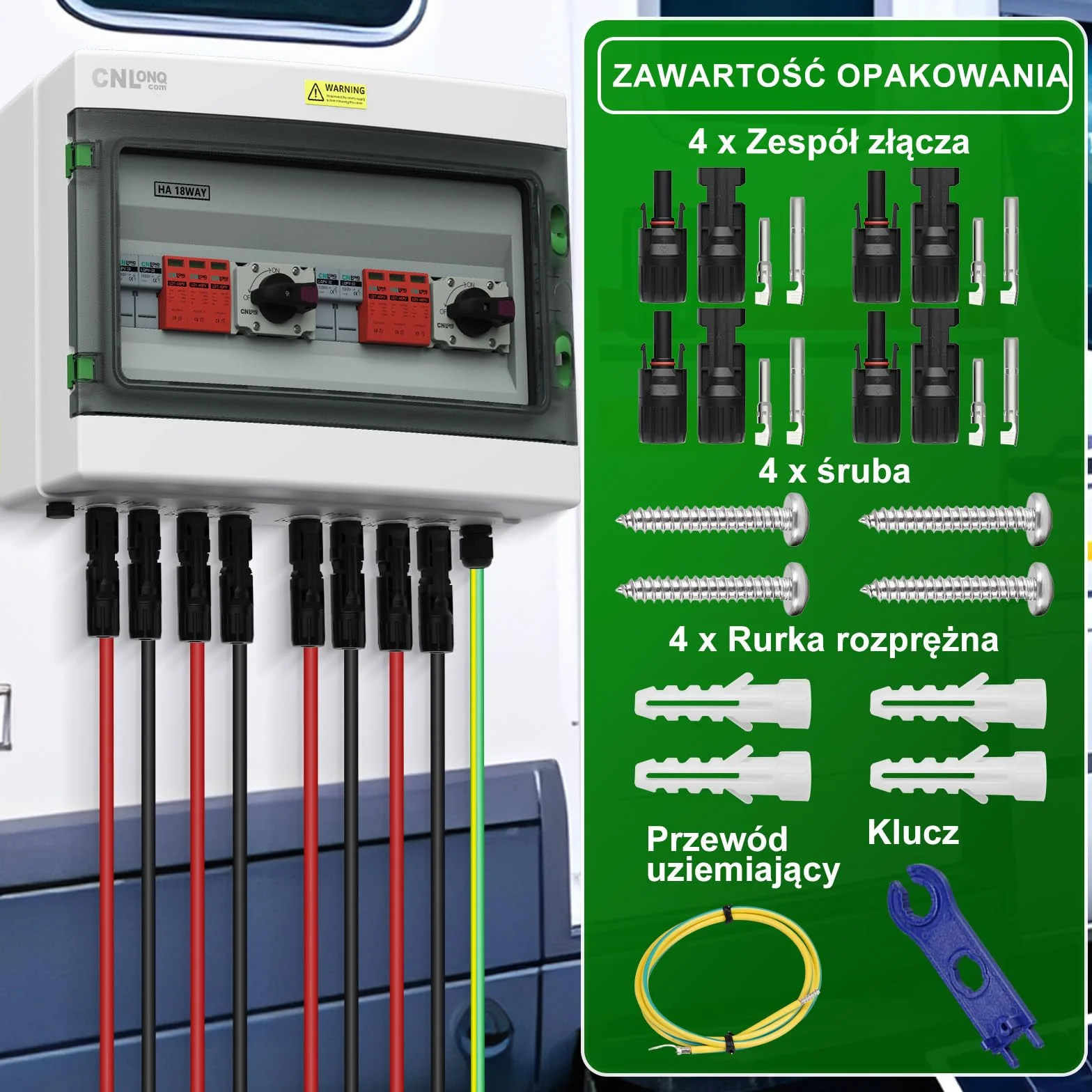CNLonQ 2-Strunowa Skrzynka Przyłączeniowa Fotowoltaiczna 2 Wejścia 2 Wyjścia DC1000v 32A Z Wyłącznikiem Izolacyjnym, Zabezpieczeniem Przeciwprzepięciowym I Bezpiecznikiem 15A IP65 Wodoodporna
