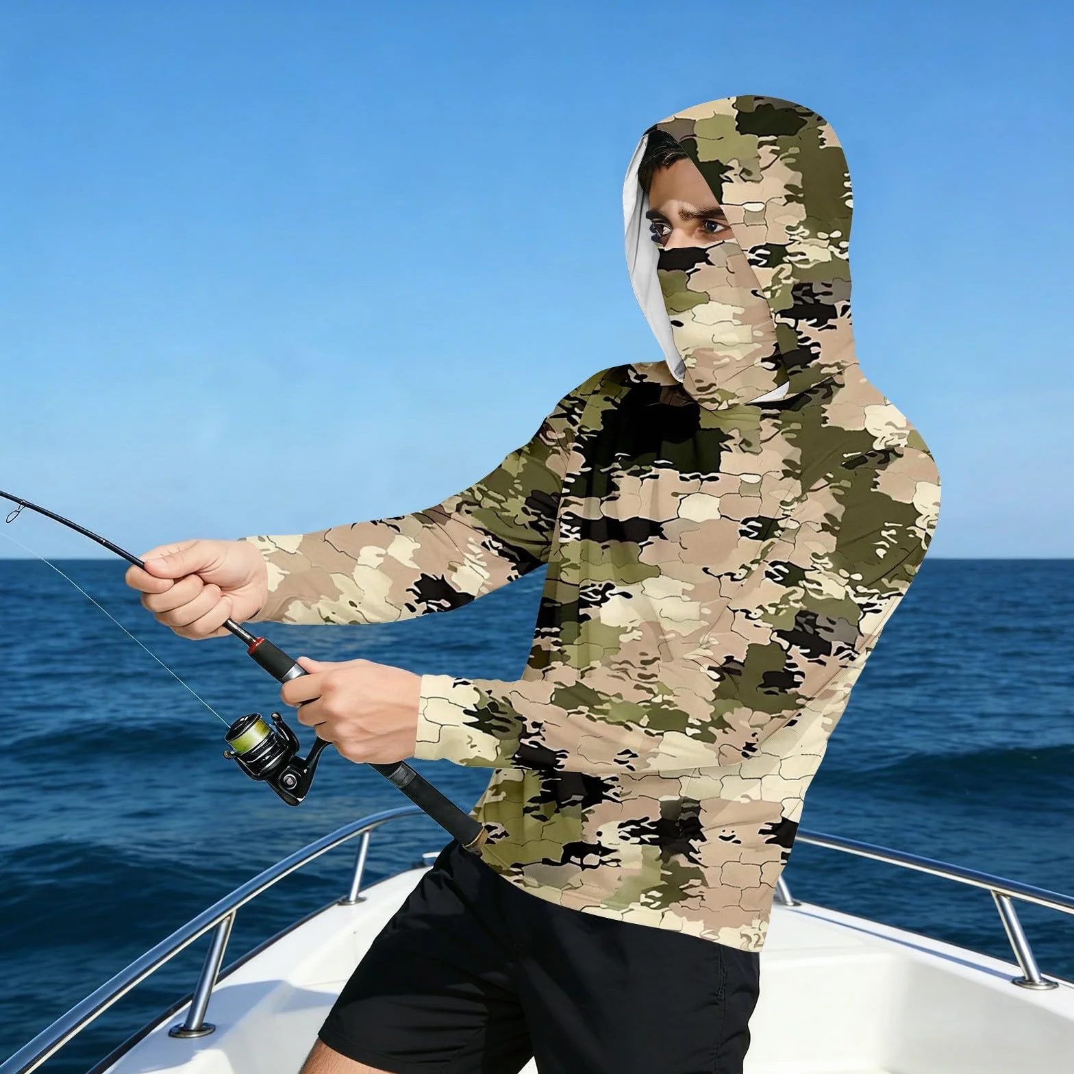 DENGJIAMY Męska bluza z kapturem chroniąca przed słońcem UPF 50+ Rash Guard Camo Shirt z długim rękawem outdoorowe wędkarstwo bieganie wędrówki bluza z kapturem topy z maską