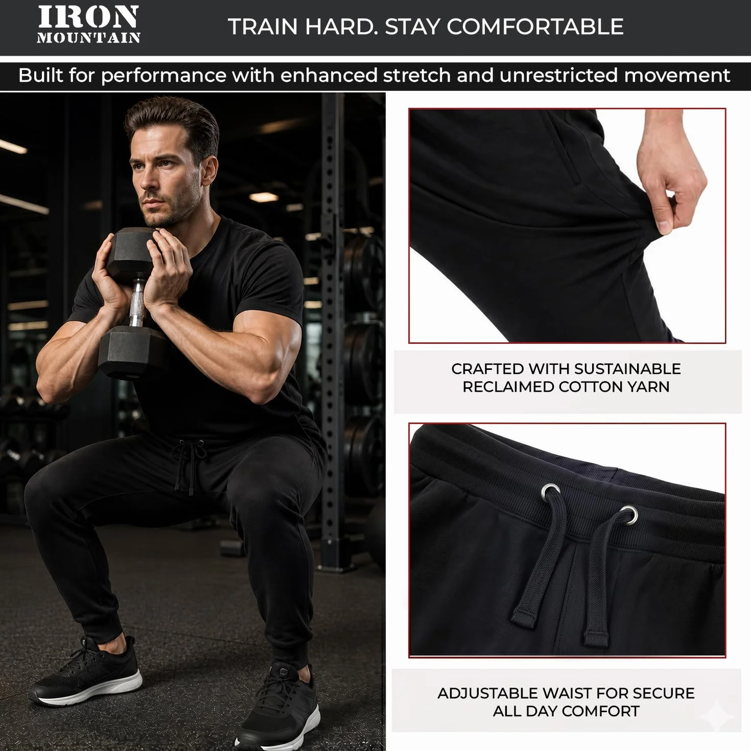 Iron Mountain Joggery Męskie Spodnie Dresowe z Przędzy z Odzysku Elastyczne