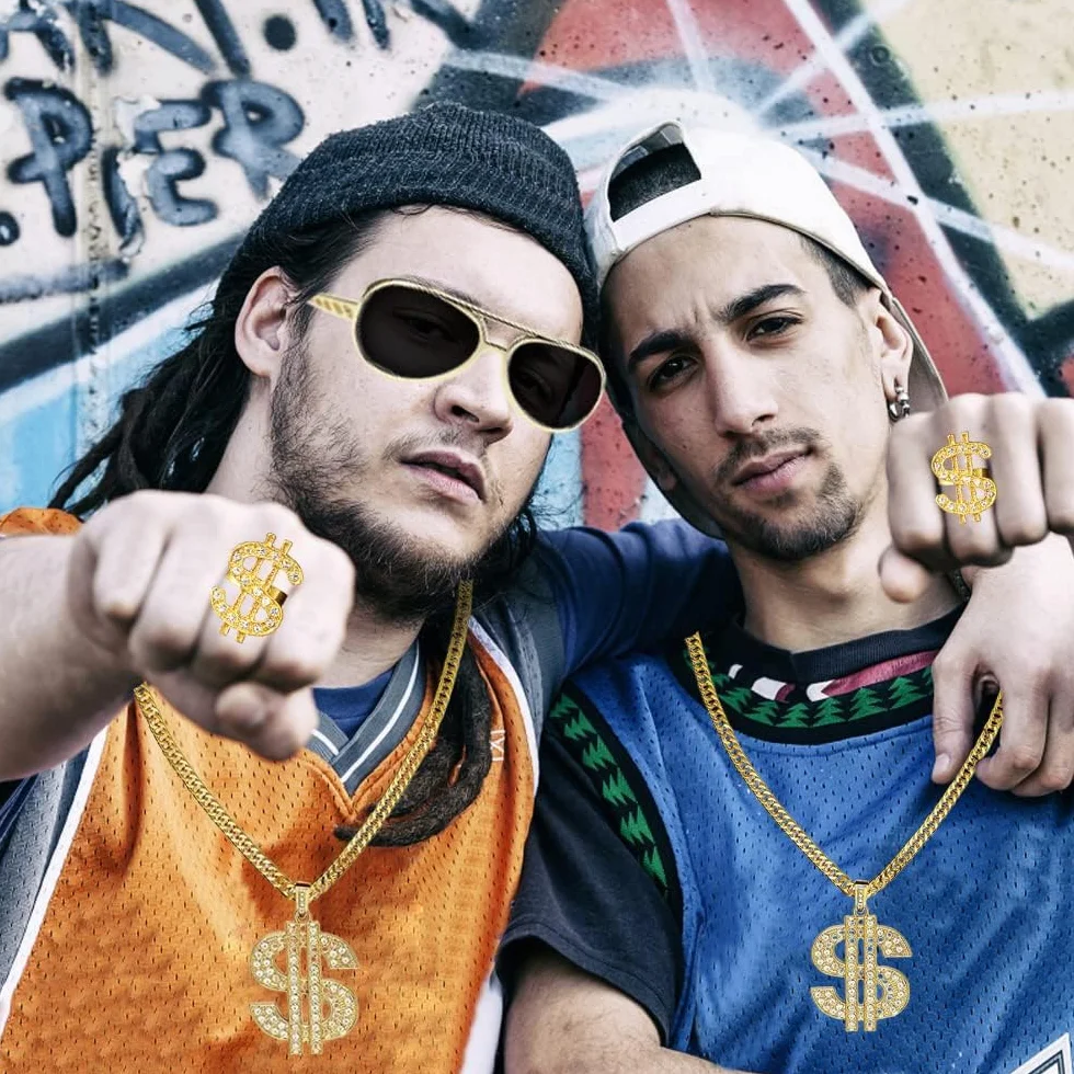 Zestaw kostiumowy hip-hopowy w stylu lat 80., złoty dolar, łańcuszek i złota bransoletka, pierścień, okulary, osobowość, hip-hop, kostium dla mężczyzn, lat 80-tych, 90., kostium rapera, na
