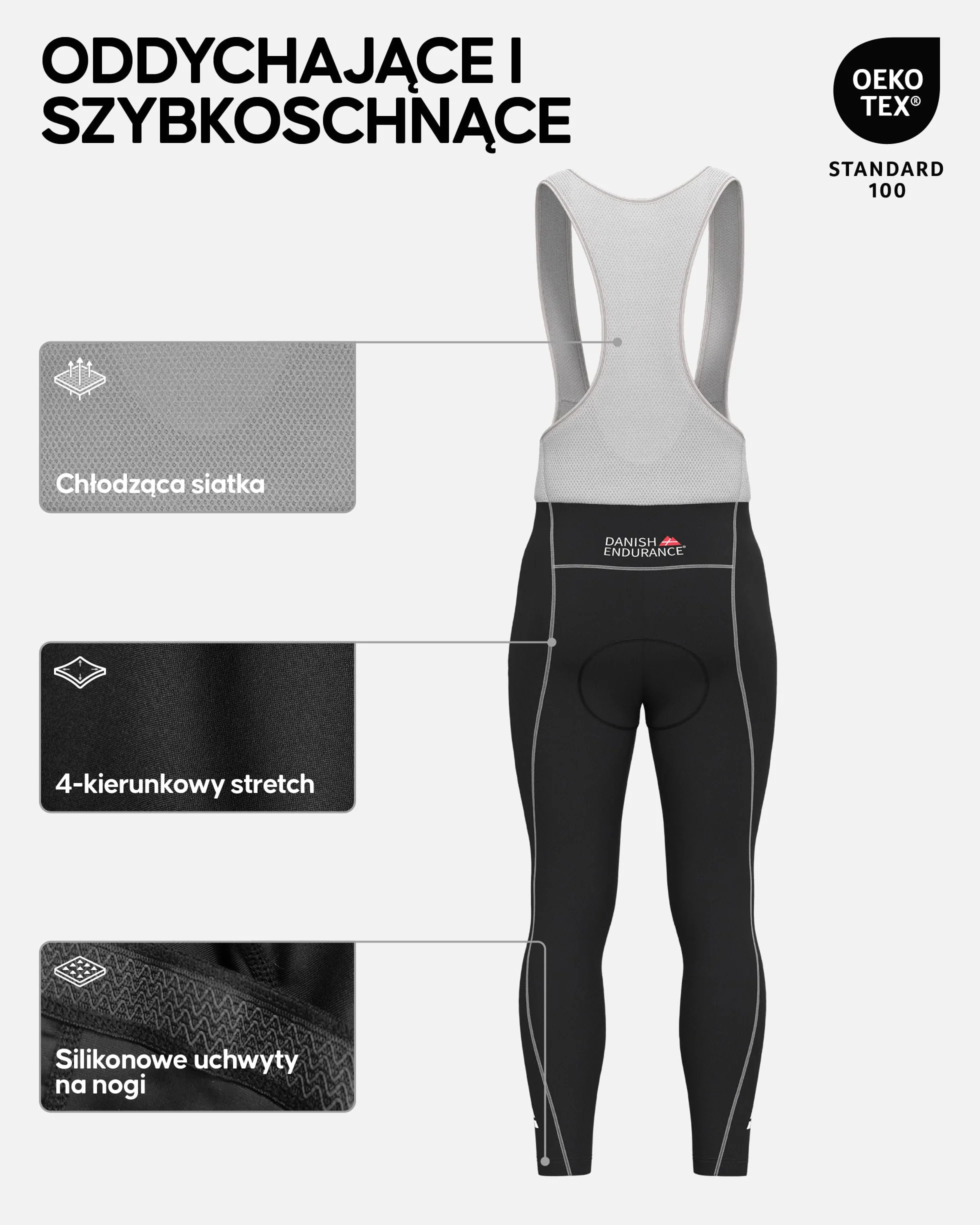DANISH ENDURANCE Spodnie Rowerowe Męskie, na Szelkach, SpKolarskie, z Amortyzującą Wkładką 3D Chamois