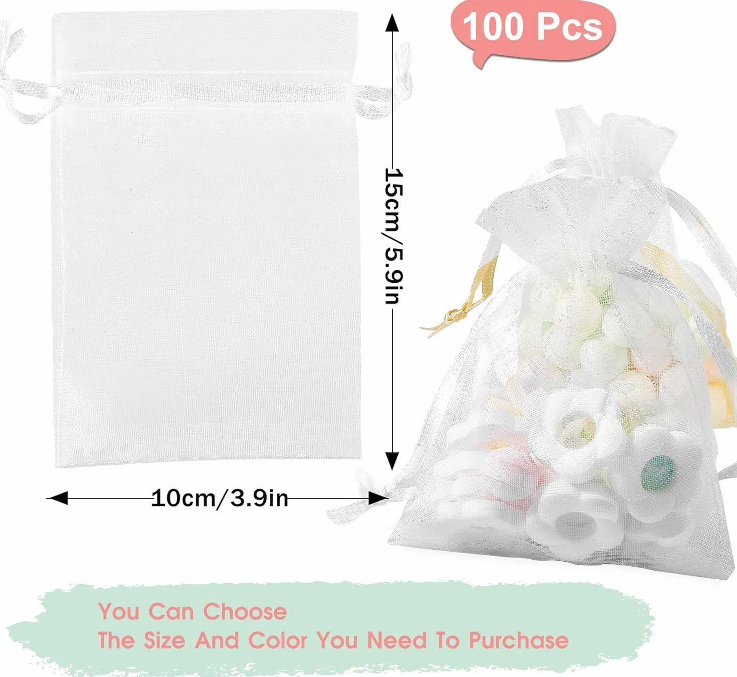 100 Sztuk 10x15 Cm Organza Pouch, Z Sznurkiem Do Zaciągania, Idealne Do Przechowywania Biżuterii, Upominków Ślubnych, Cukierków, Perfum, Lub Suszonej Lawendy