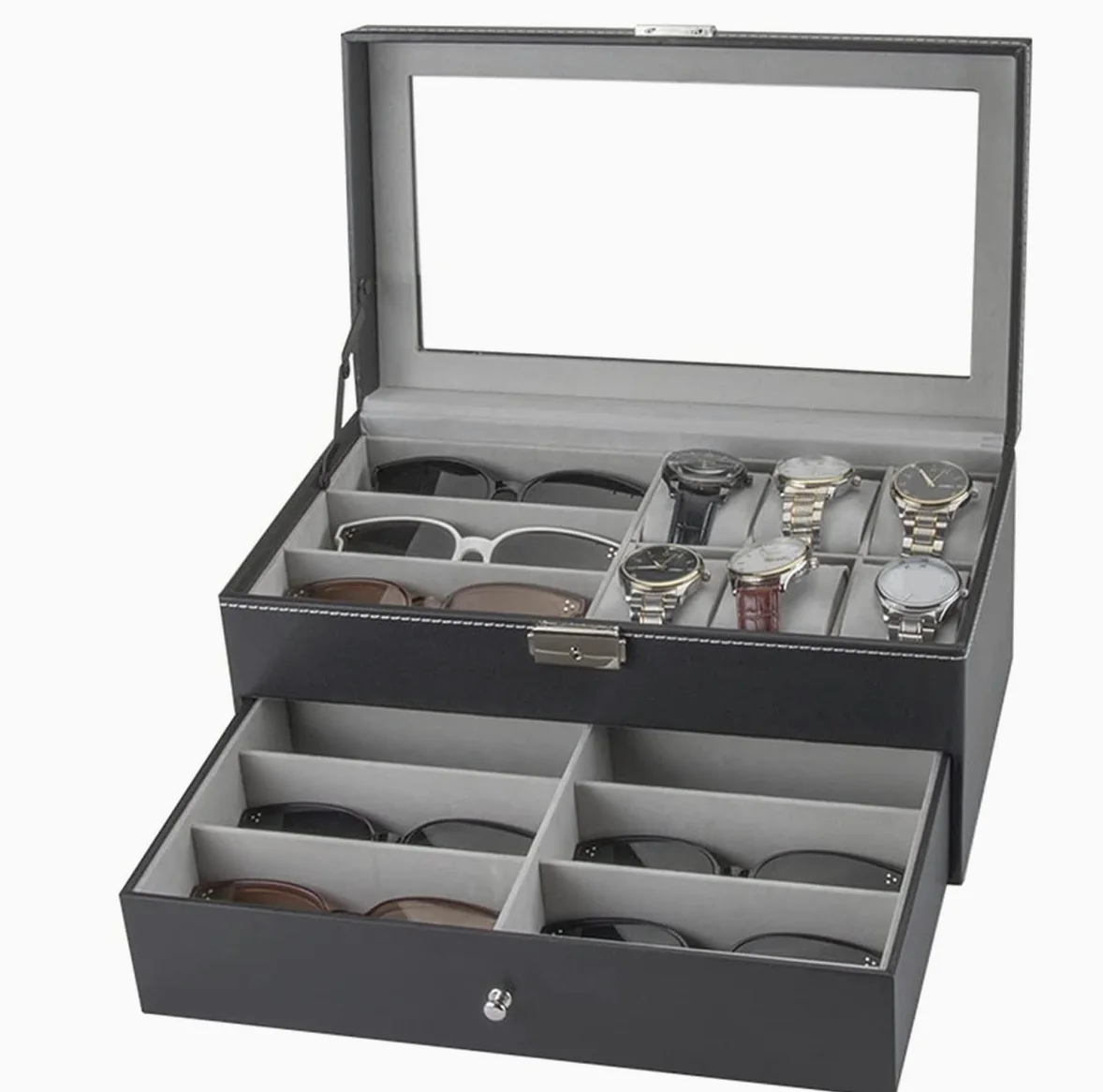Etui Na Zegarek,Pudełko Na Okulary Przeciwsłoneczne,Podwójne,9 Sztuk,Etui Na Okulary,6 Przegródek,Pudełko Do Przechowywania Zegarków,Szuflada Ekspozycyjna,Zamykane Pudełko