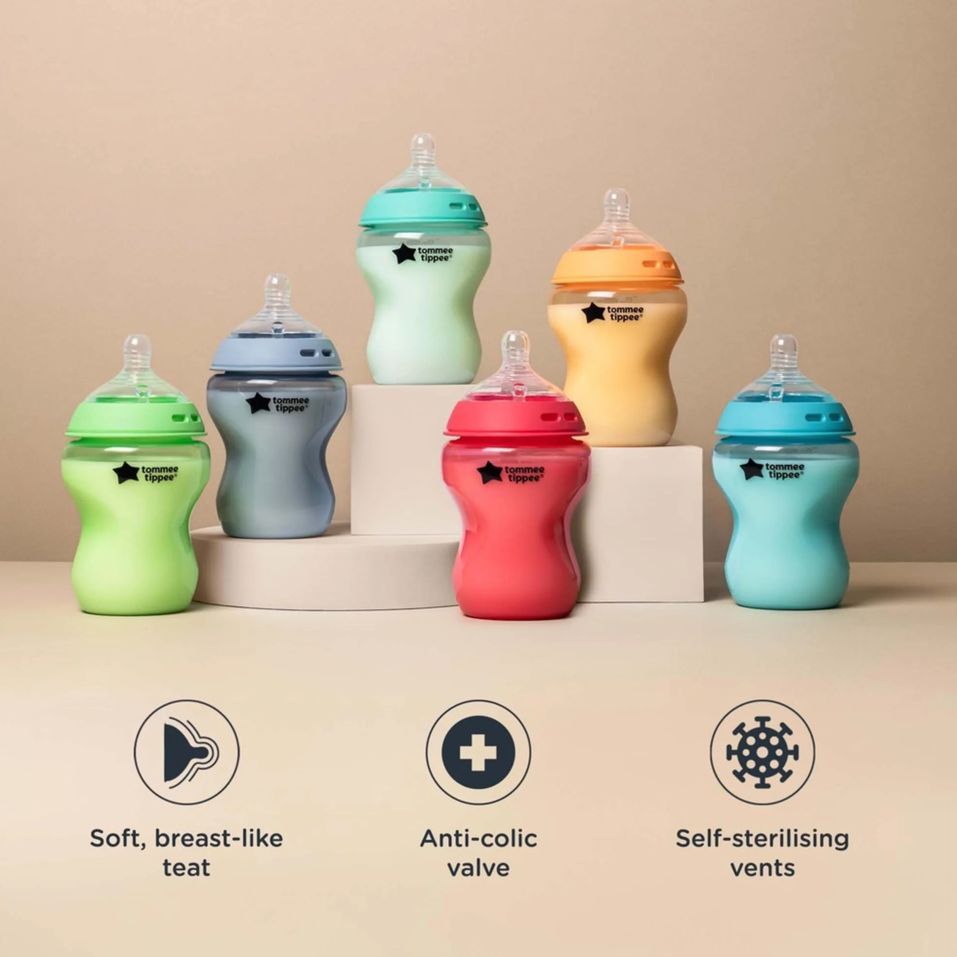 Tommee Tippee Closer to Nature butelki dla niemowląt, naturalnie ukształtowany smoczek z zaworem antykolkowym, 260 ml, zestaw 6 sztuk, Fiesta wielokolorowy