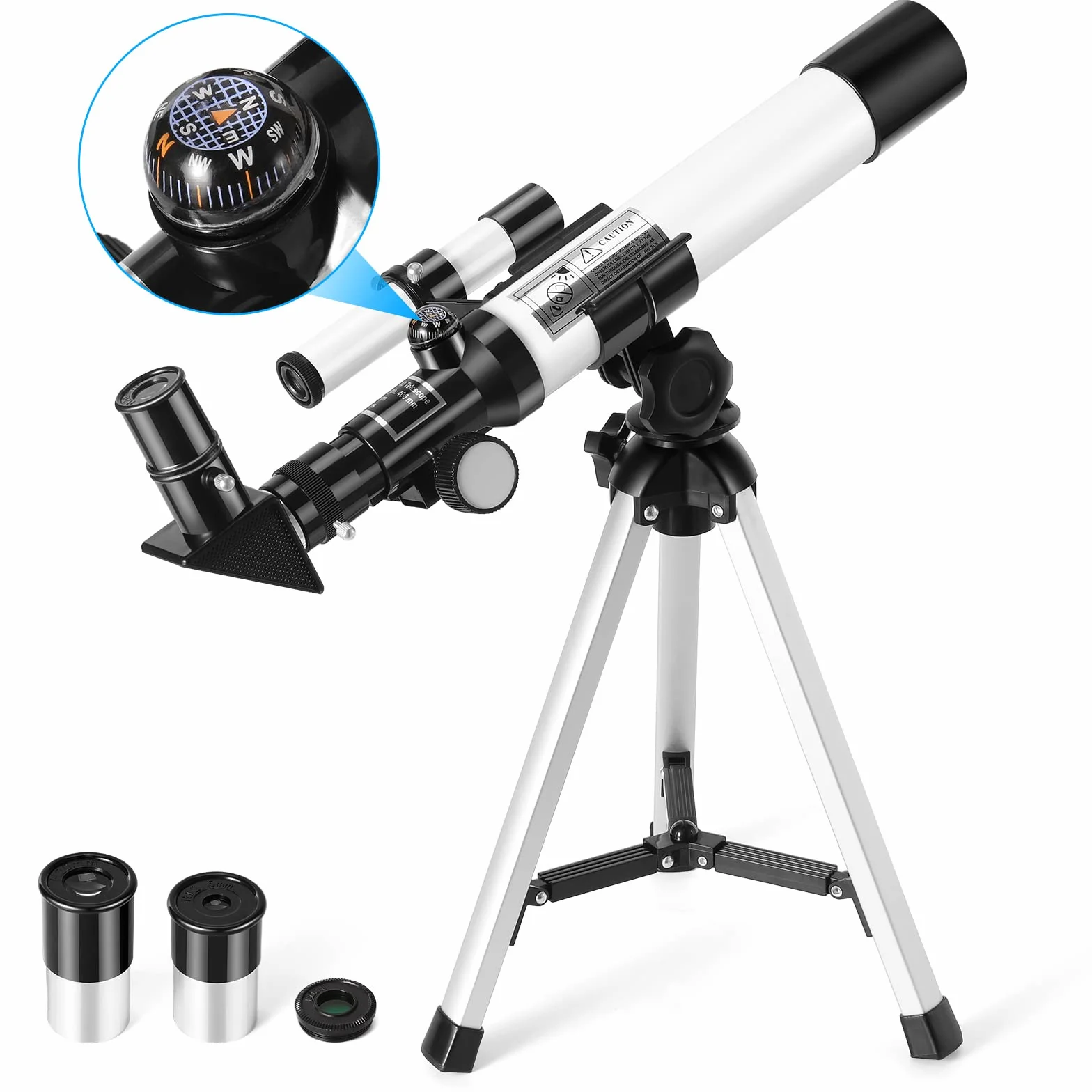 Teleskop dla dzieci, Uverbon F40040 astronomiczny teleskop z szukaczem, kompasem i statywem, teleskop refrakcyjny dla dzieci i początkujących, biały