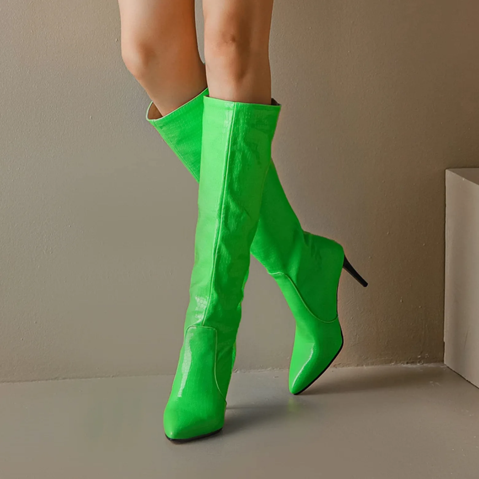 CUTEHEELS Damskie jednokolorowe buty na uda wysokie/nad kolanem ze szpilką i szpiczastym noskiem, zielony 3, 45 EU
