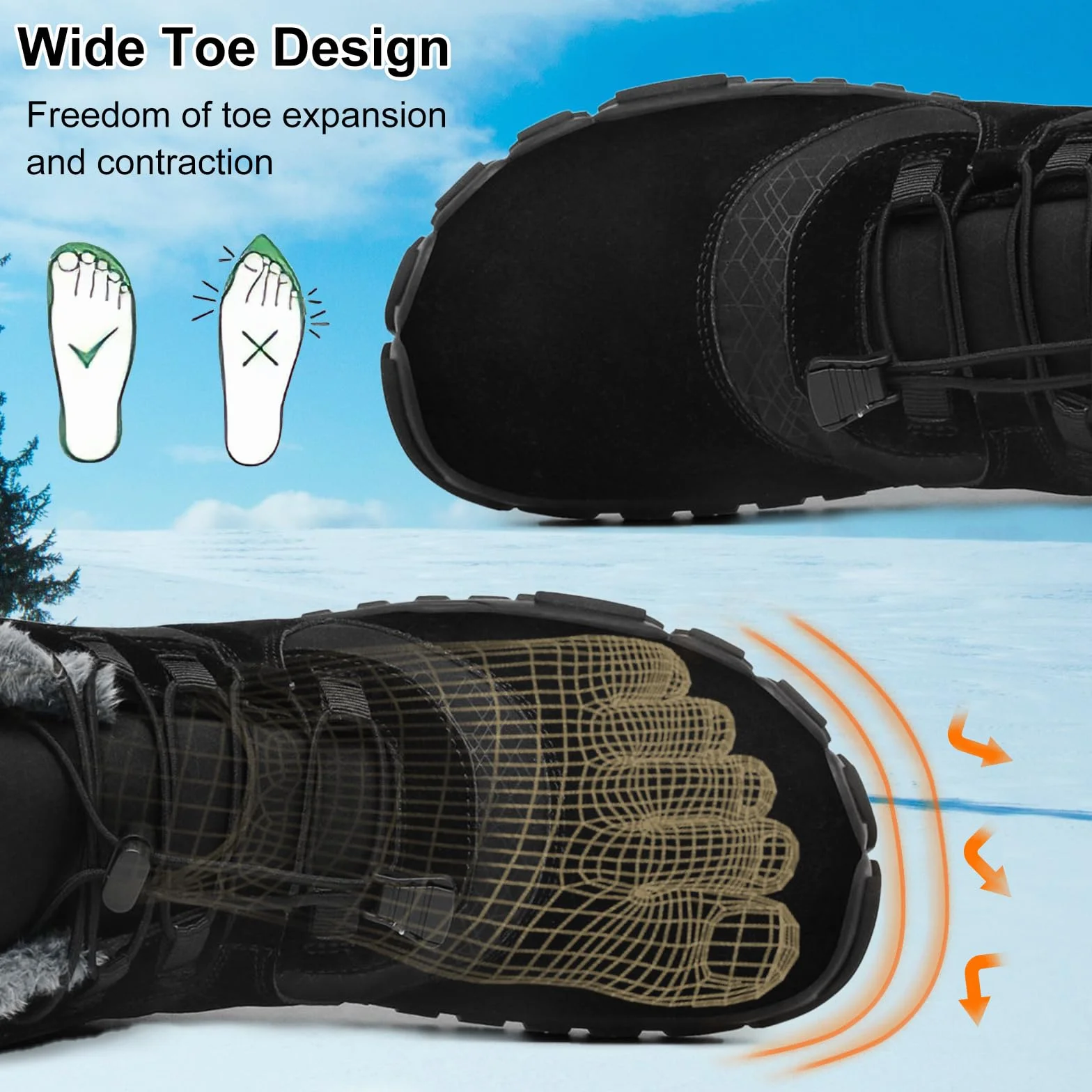 AONETIGER Zimowe buty na boso męskie i damskie śniegowce outdoorowe wodoodporne ciepłe futrzane podszewki buty do chodzenia lekkie antypoślizgowe buty turystyczne rozmiar 4-13 UK