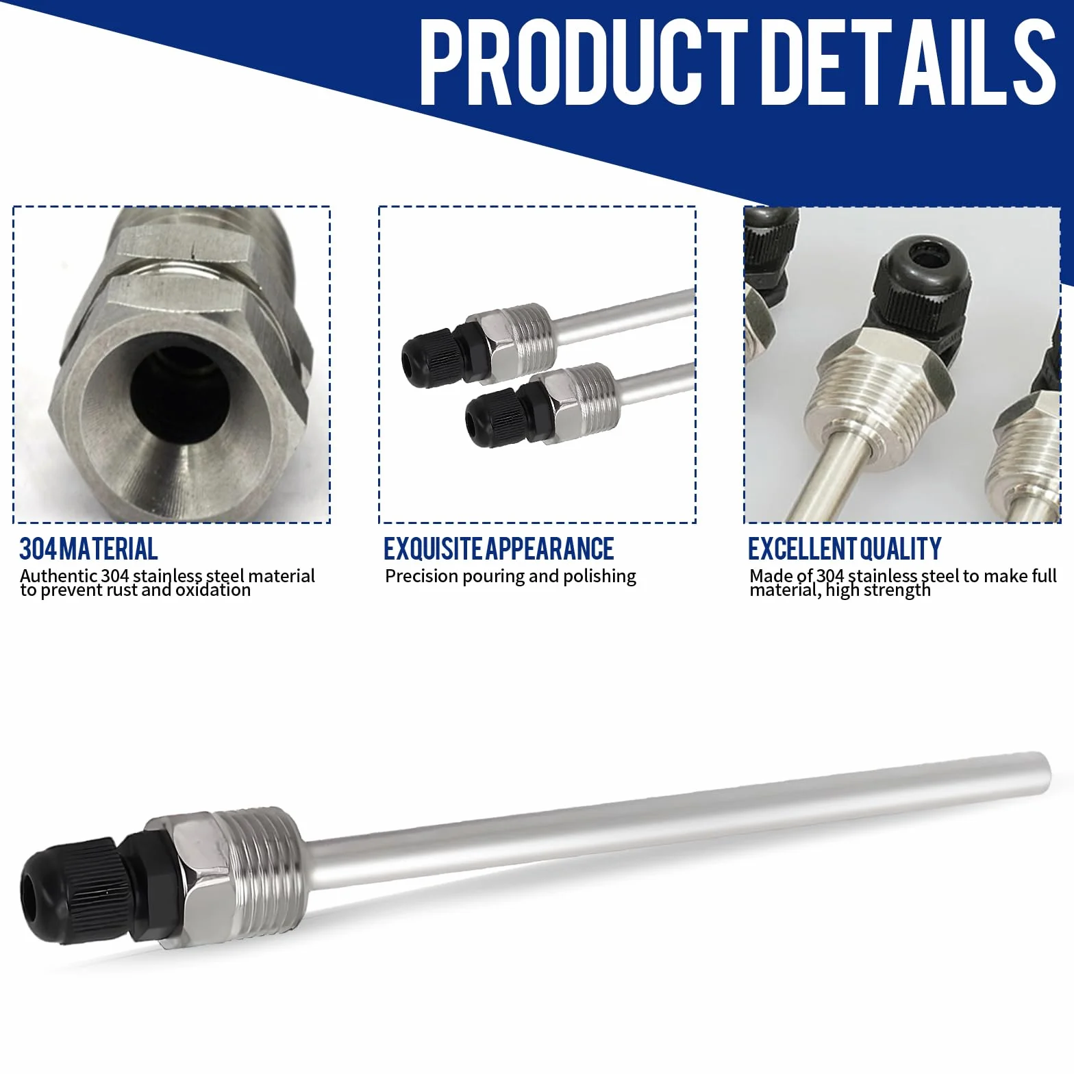 2 sztuki tulejek zanurzeniowych G 1/2 cala 300 mm, stal nierdzewna 304, tuleje zanurzeniowe do czujnika temperatury 8 x 300 mm, rury chroniące przed zanurzeniem do elementów termicznych