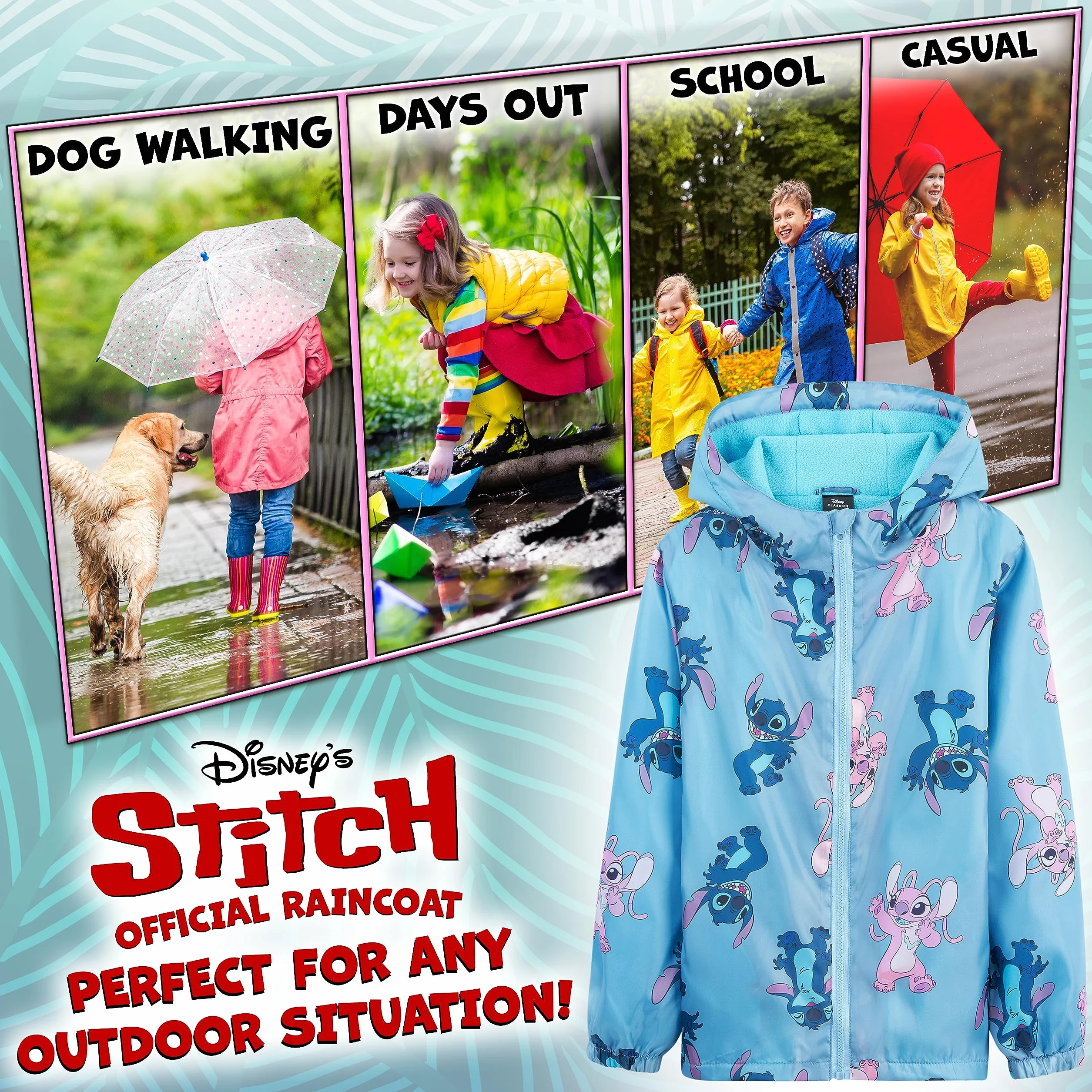 Disney Stitch kurtka przeciwdeszczowa dla dziewczynek, odzież przeciwdeszczowa dla dzieci z podszewką z polaru, odzież dziecięca dla nastolatków, 4-14 lat