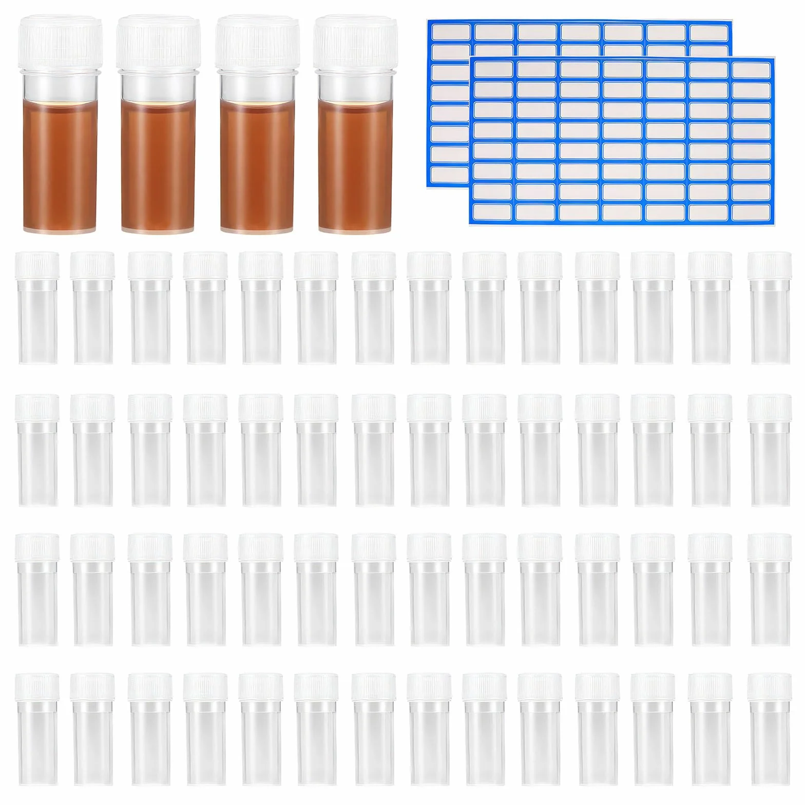60 Probówek 5ml, Przezroczyste Probówki z Zakrętką, Plastikowe Probówki Laboratoryjne, Plastikowe Fiolki, Probówki z Nakrętką, Probówki Testowe do Eksperymentów Laboratoryjnych