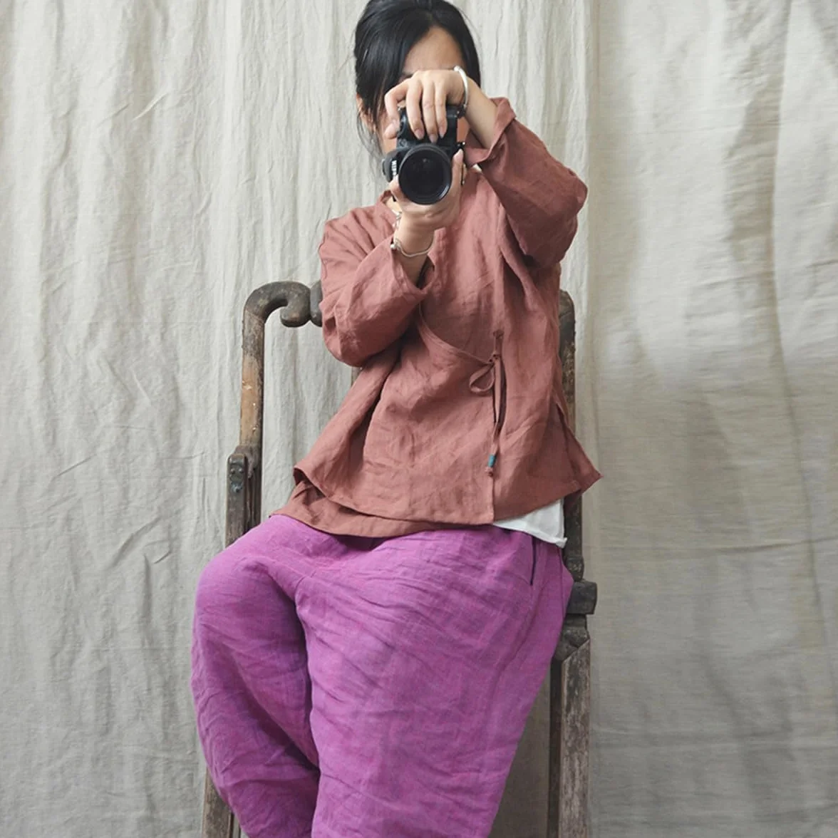 NFYM Damski kardigan kimono Hanten z długim rękawem owijany przód bawełna len retro hanfu kostium nieregularny koszula topy