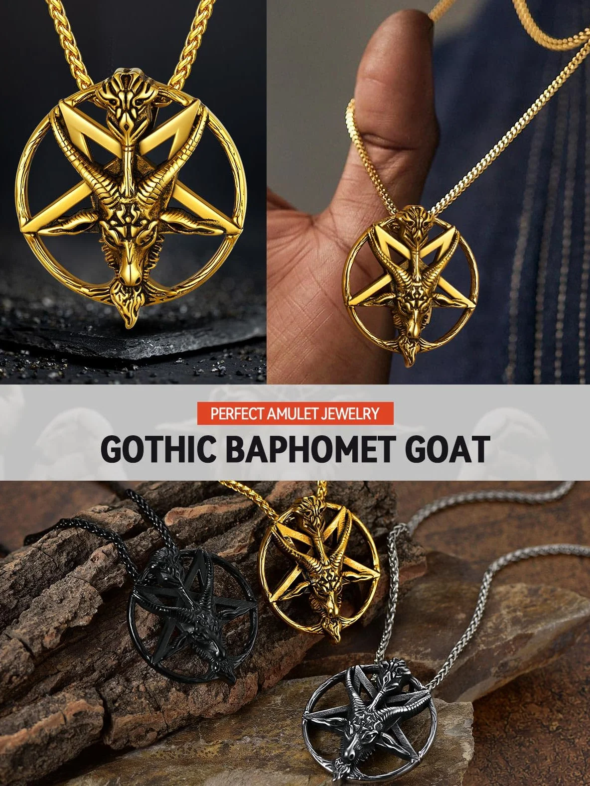 FaithHeart Męski wisiorek w stylu punkowym, szatan, głowa kozy, wisiorek w kształcie pentagramu, z symbolem runy, punk, gotyk, na Boże Narodzenie, Dzień Ojca, Walentynki