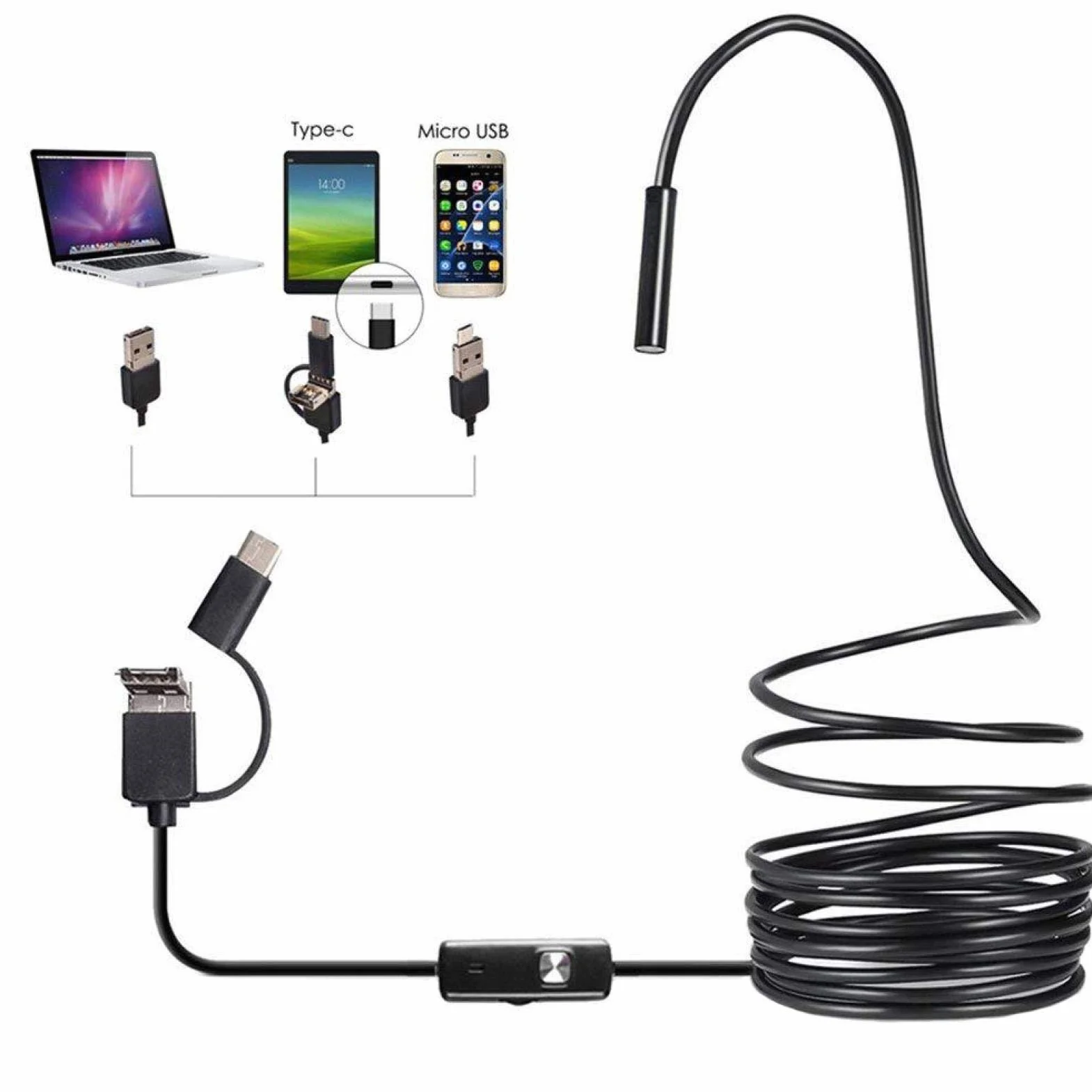 Kisbeibi wodoszczelny endoskop przemysłowy z czarną kamerą HD, 3 w 1, typ C, wideo USB 5 m