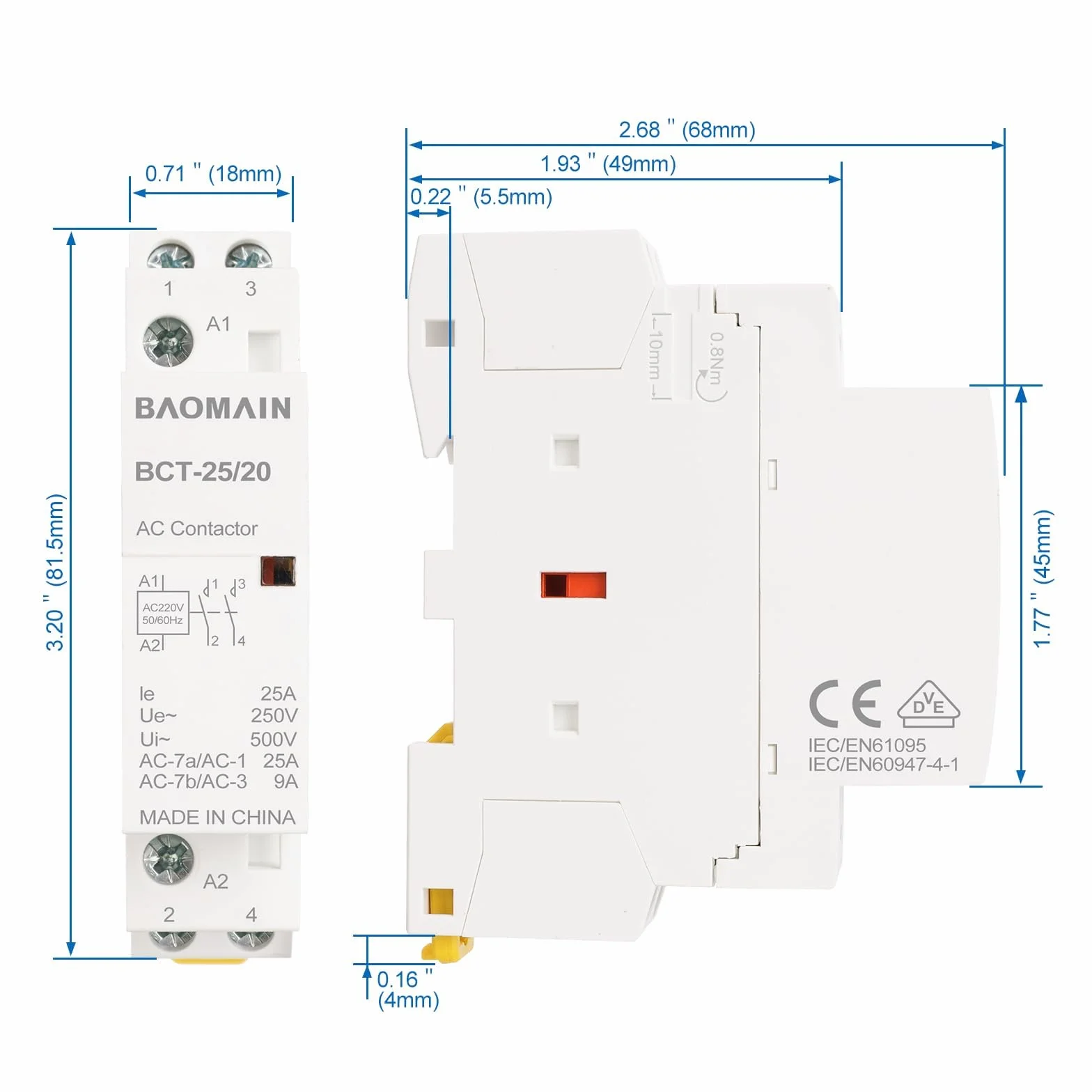 BAOMAIN Stycznik AC, 2-biegunowy 2NO, 25 A, AC 220 V Napięcie cewki, 35 mm Montaż na szynie DIN, zatwierdzony VDE, BCT-25/20
