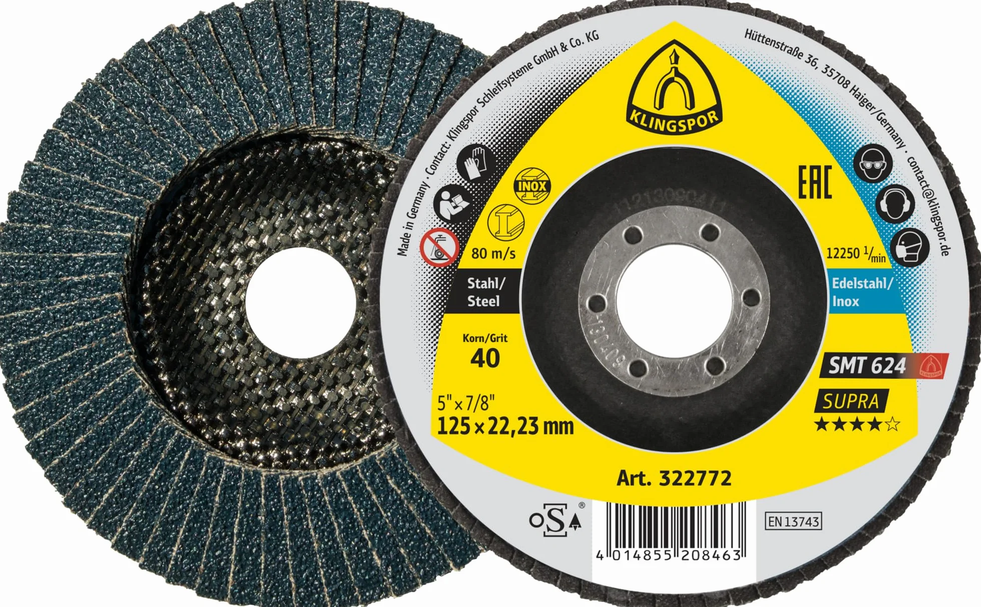 SMT 624 Supra talerz szlifierski 125 x 22,23 mm, ziarnistość 40, wypukły - do stali nierdzewnej i stali - 322772 | 10 sztuk