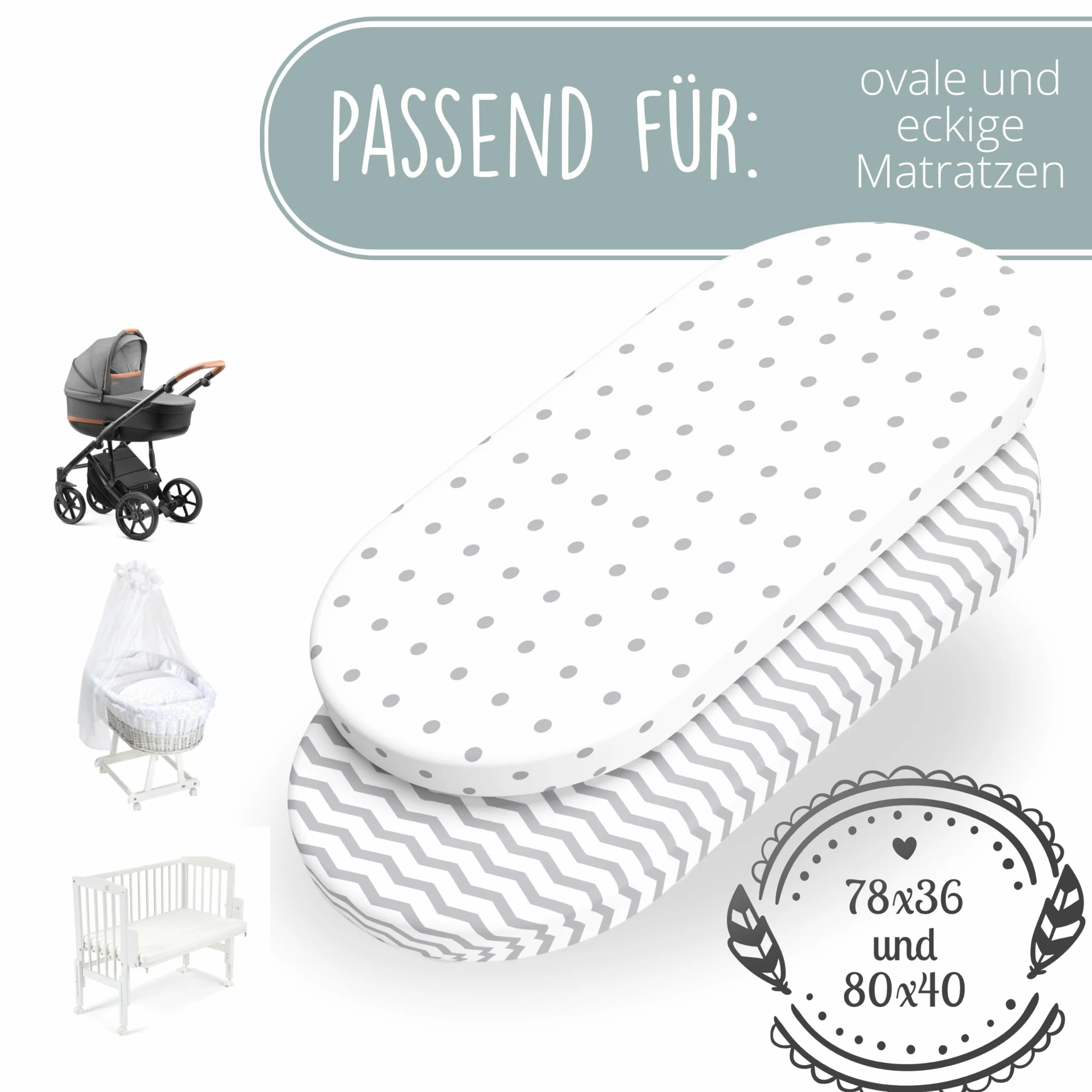 mimaDu® premium Spannbettlaken Kinderwagen, Stubenwagen Bezug, Kinderwagen Matratzenbezug - 78x36, 80x35, 80x40 cm- 100% OEKOTEX Baumwolle (Punkte Zickzack)