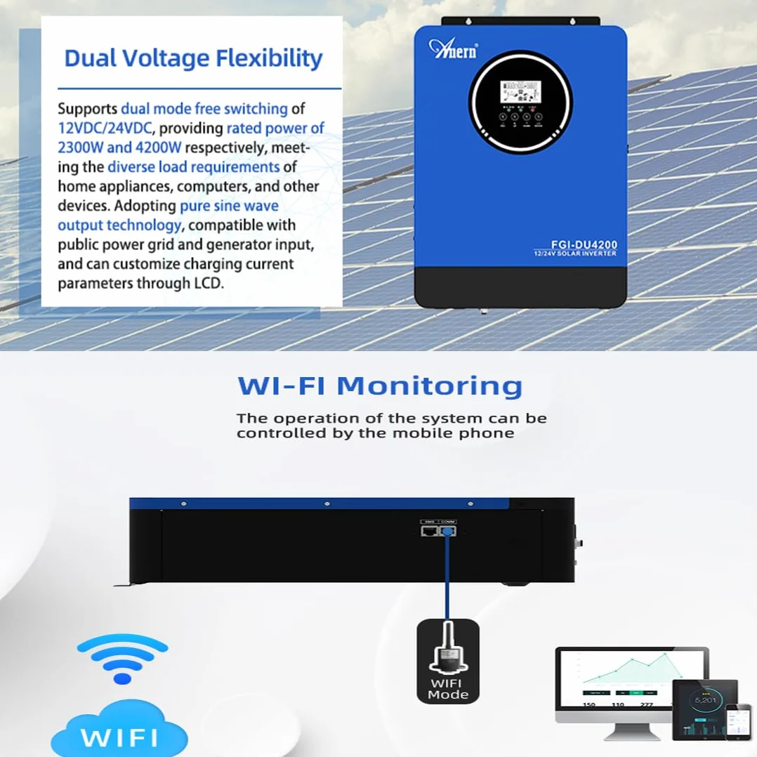 Anern Solarny Hybrydowy Falownik 2kw 4kw DC 12v/24v Do AC 220v/230v, PodwóJne NapięCie, Off-Grid Falownik Sinusoidalny Z łAdowarką SłOneczną 100 A Mppt,PV55V-500VDC, Komunikacja Bms Z Baterią