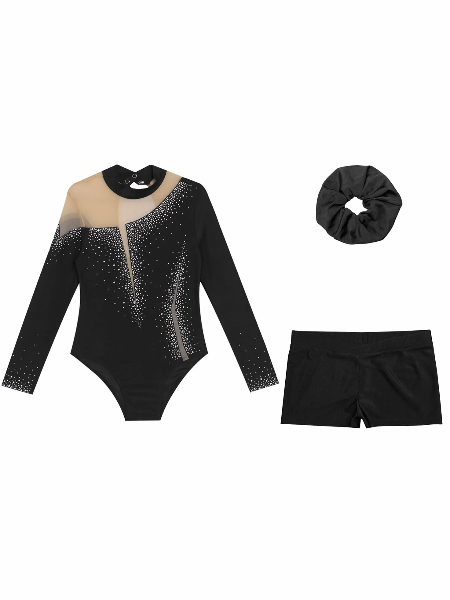 Alvivi Dziewczęcy strój gimnastyczny, brokatowy strój gimnastyczny, długi rękaw, gimnastyka, leotard, z krótkimi spodniami, opaska na włosy, body gimnastyczne, odzież gimnastyczna