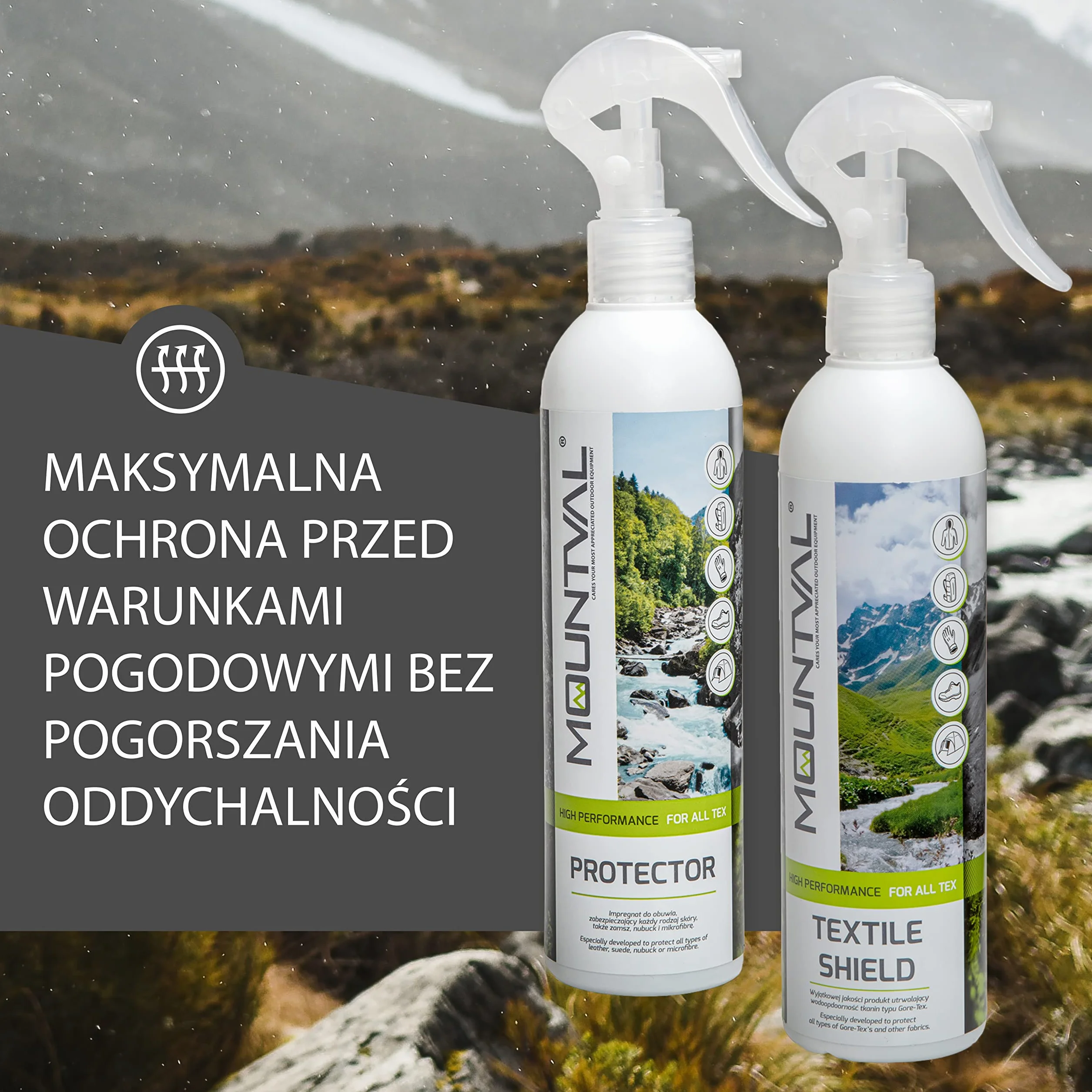 Mountval Protector Textile Shield 2 x 300ml do Odzieży, Obuwia, Skóra, Nubuk, Zamsz, Tkanina & GORE-TEX