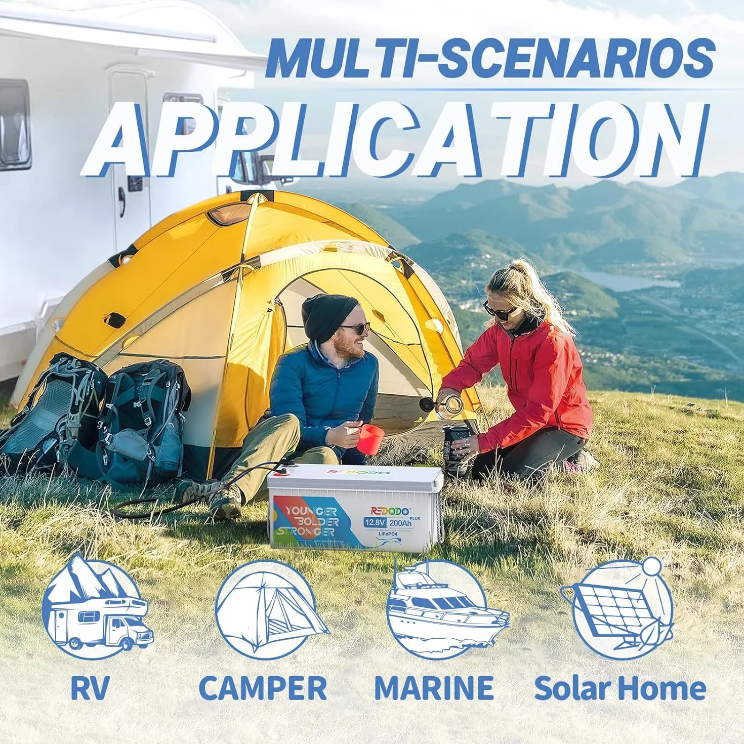 Redodo Akumulator LiFePO4 12V 200Ah Plus z BMS 200 A, 4000-15000 cykli eksploatacji, bateria litowa do kampera, furgonetki, panelu słonecznego, magazynowania energii poza siecią