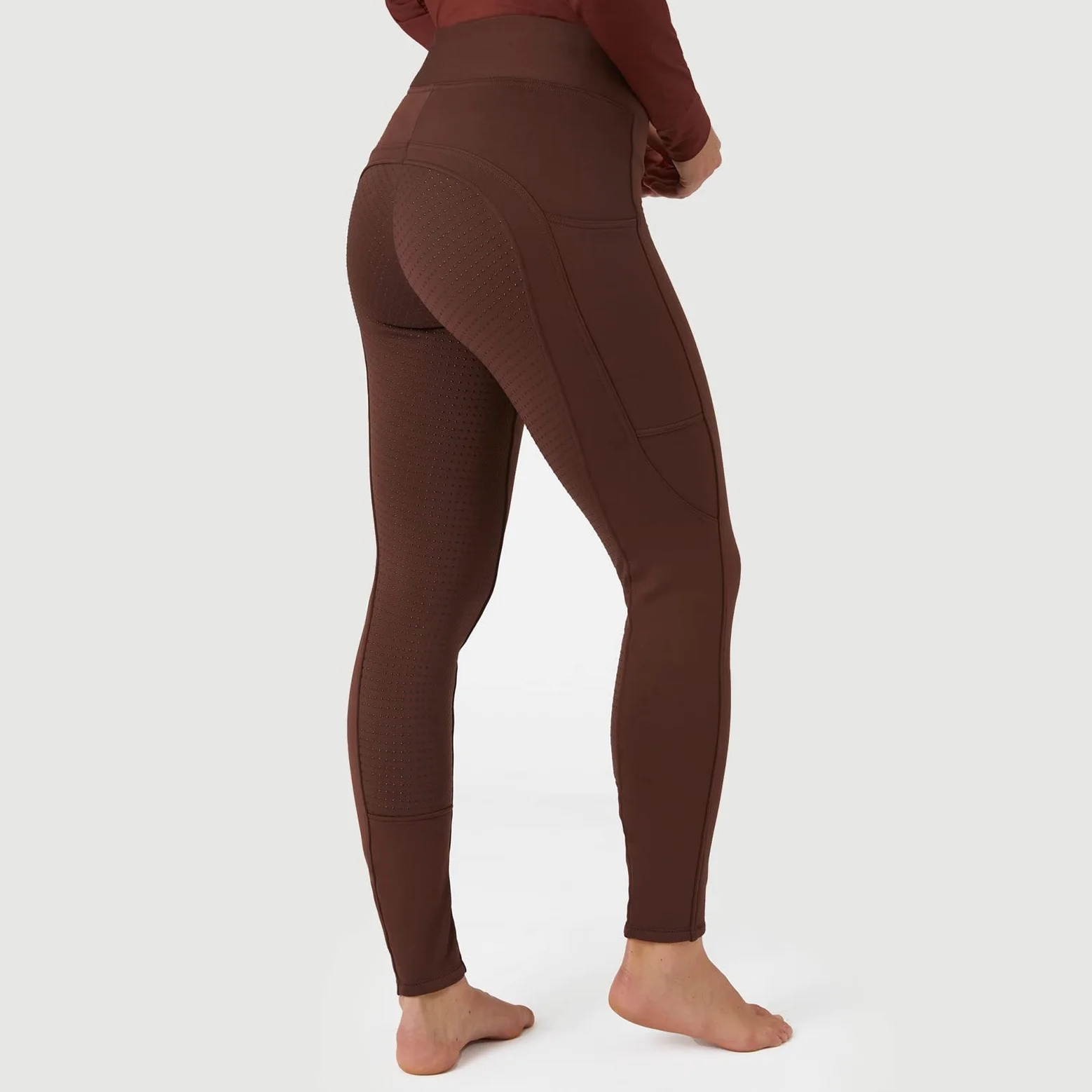 HORZE Damskie legginsy termiczne Active z kieszenią na telefon komórkowy, spodnie do jazdy konnej, termiczne bryczesy damskie, Rum Raisin Brown, 36