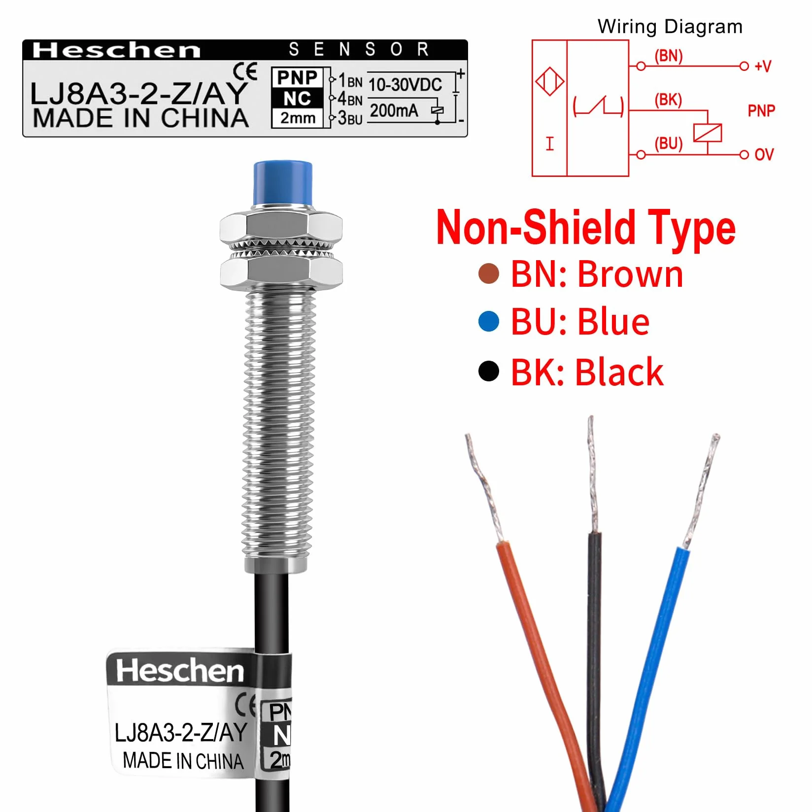 Heschen M8 Indukcyjny czujnik zbliżeniowy przełącznik nieekranowy typ LJ8A3-2-Z/AY detektor 2 mm 10-30 V DC 200 mA PNP normalnie zamknięty (NC) 3-przewodowy