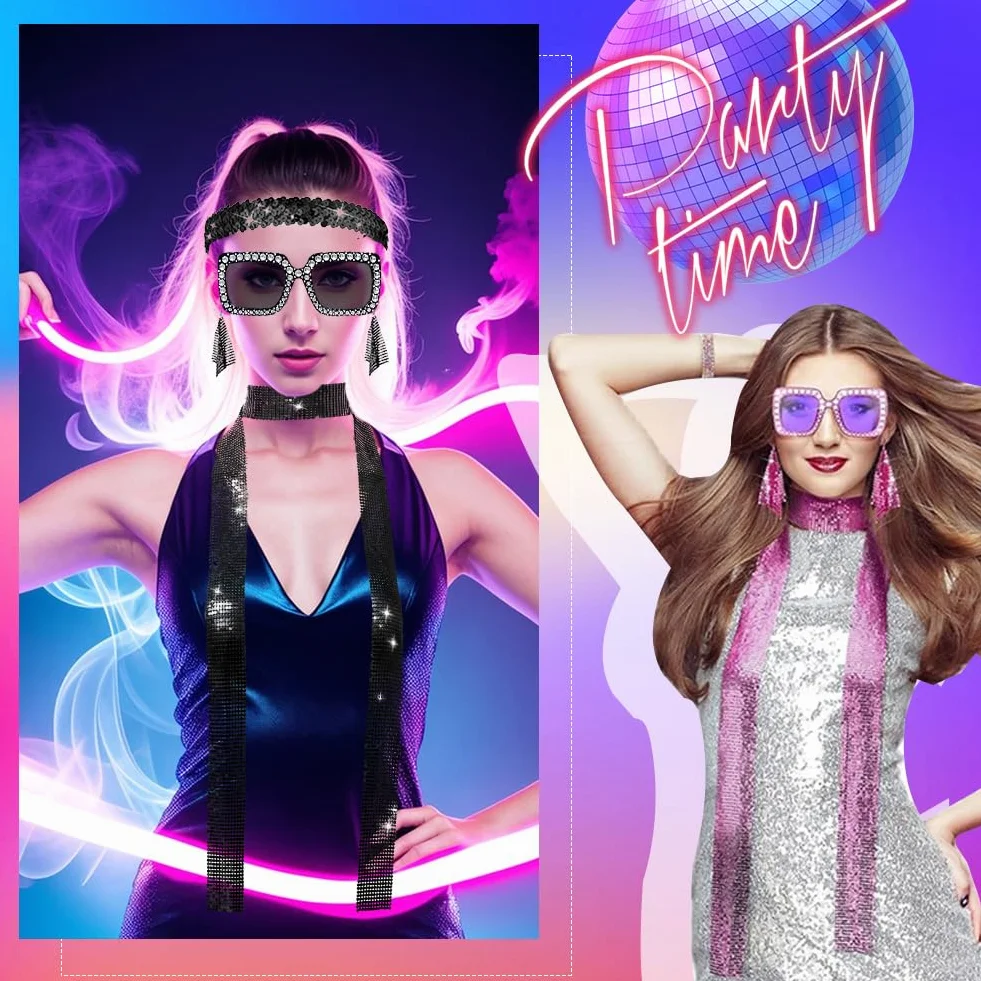 Strój Disco damski 5 sztuk, strój na imprezę 80-tych, cekinowy szalik kolczyki, okulary przeciwsłoneczne bransoletka i opaska na czoło akcesoria lat 80-70s 80s dyskoteka tematyczna impreza
