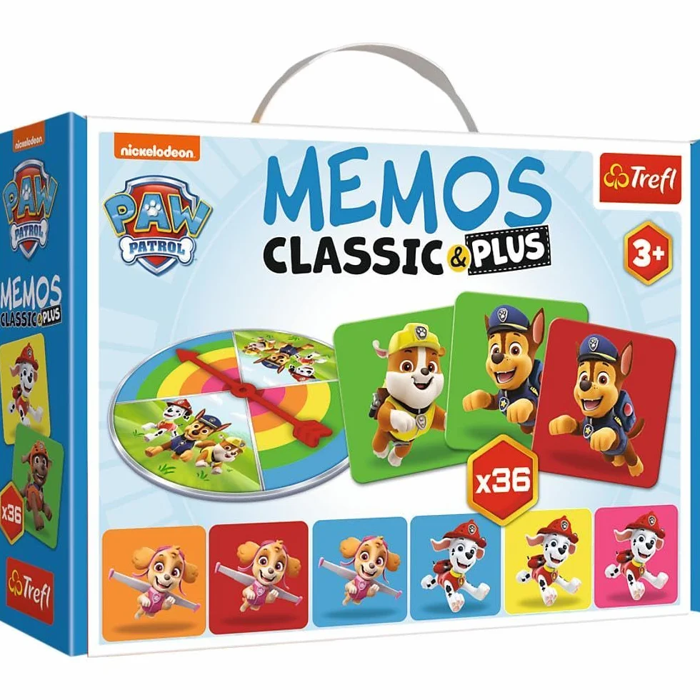Trefl - Memos Classic & Plus, PAW Patrol - Edukacyjna Gra Pamięciowa dla Maluchów, Odnajdywanie Par Obrazków, Różne Warianty Zabawy, Tarcza Losująca, Gra Memory z Bohaterami Bajki dla Dzieci od 3 lat
