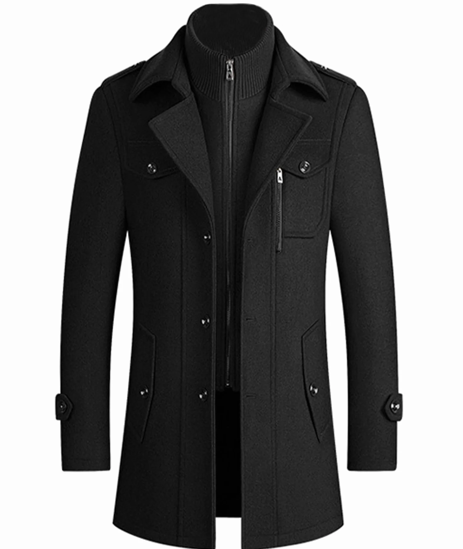 ECDAHICC Męski płaszcz zimowy Slim Fit, dwuczęściowy płaszcz do biznesu, na czas wolny, wełniany płaszcz ze stójką Peacoat