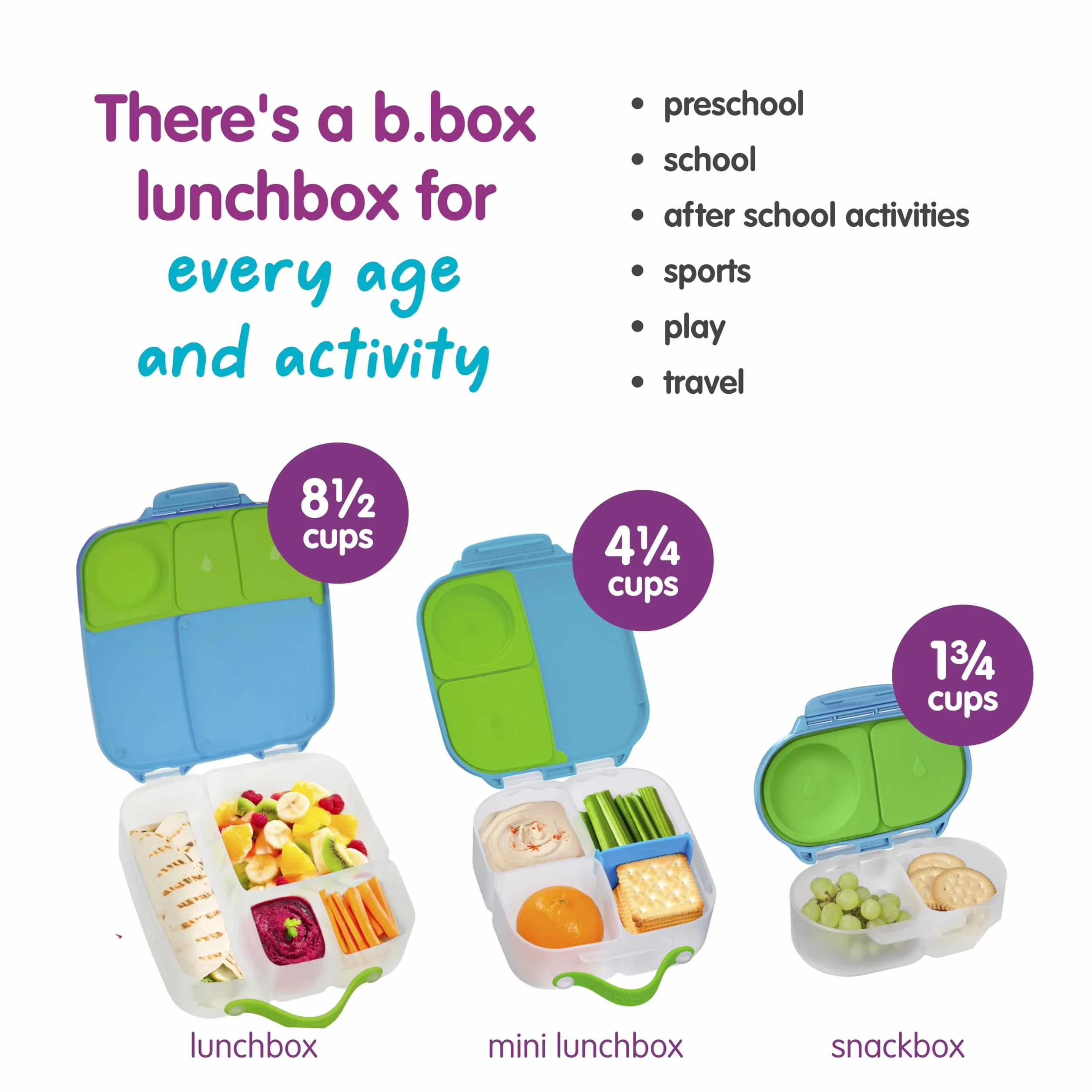 b.box Snackbox | Mini pudełko na lunch Bento z 2 szczelnymi przegródkami, idealne dla małych dzieci, na lunch i przekąski, pasuje do całego owocu, nie zawiera BPA, Ocean Breeze