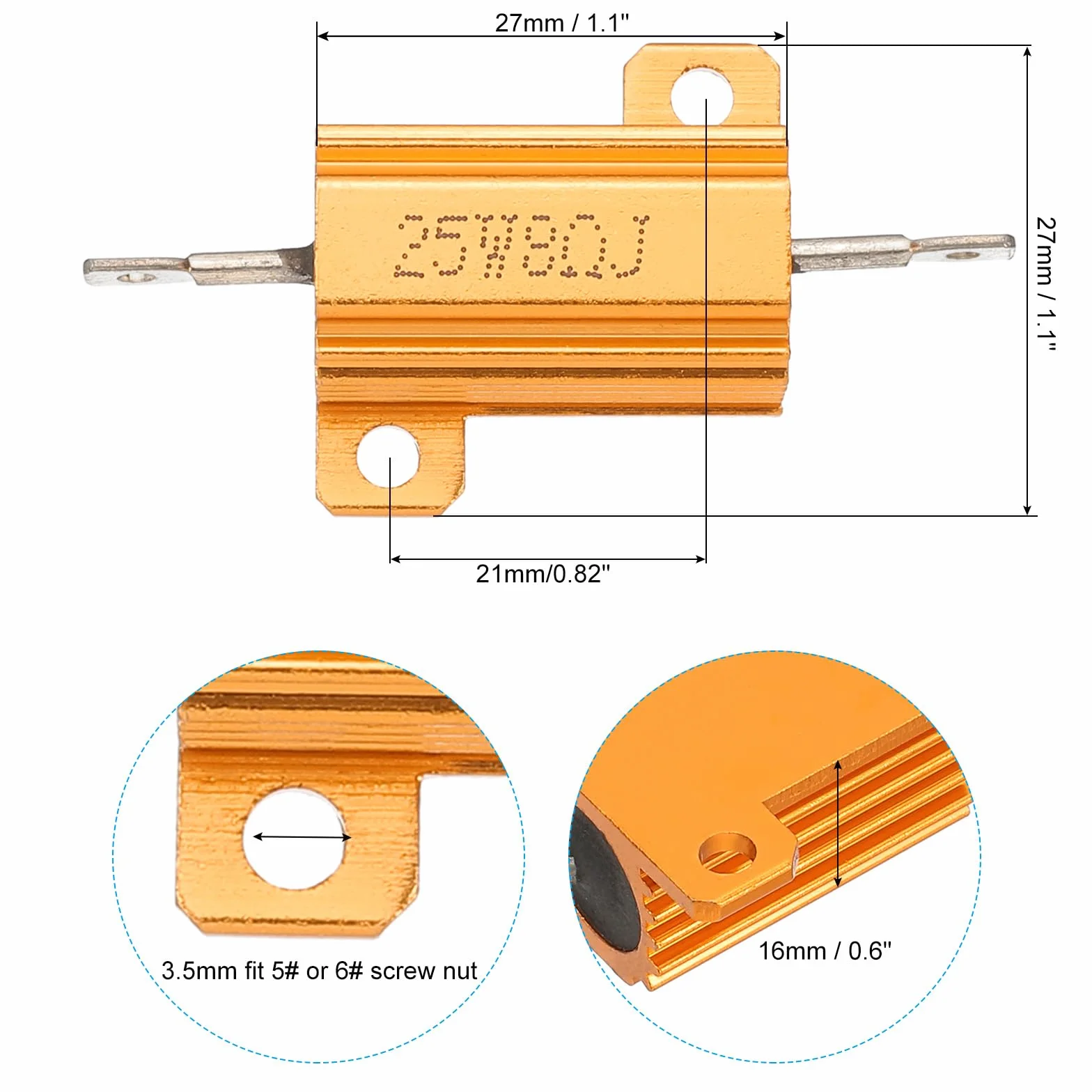 PATIKIL Obudowa aluminiowa 25 W, 8 omów, rezystor drutu, 5 sztuk, aluminiowa obudowa, rezystor ze śrubami, opór opór 5% tolerancji, złoty