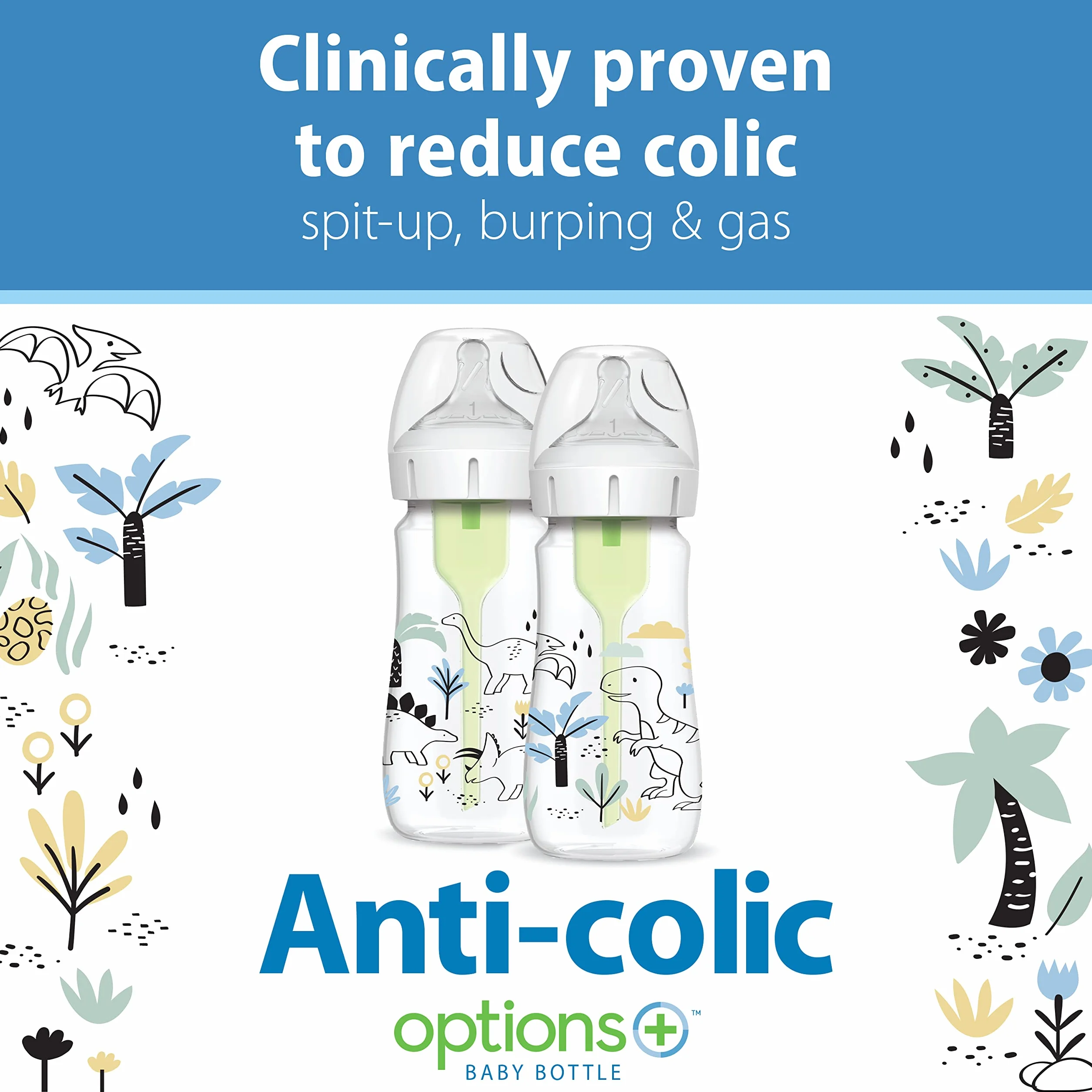 Dr. Brown's Natural Flow Anti-Colic Options+ Butelki z szeroką szyjką, 270 ml, ze smoczkiem poziomu 1, zestaw 2 szt., wzór dinozaura