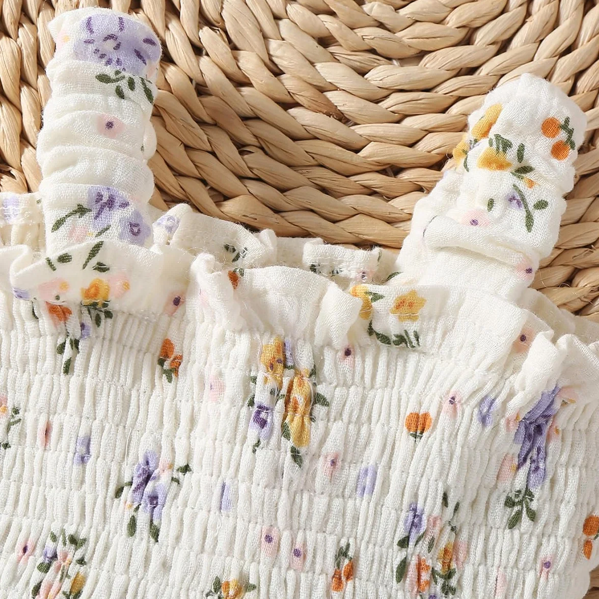 Letnie sukienki dla noworodków, dziewczynek, kwiatowe, boho sukienka bawełniana i lniana z falbankami, z czapką, letnie ubrania dla niemowląt