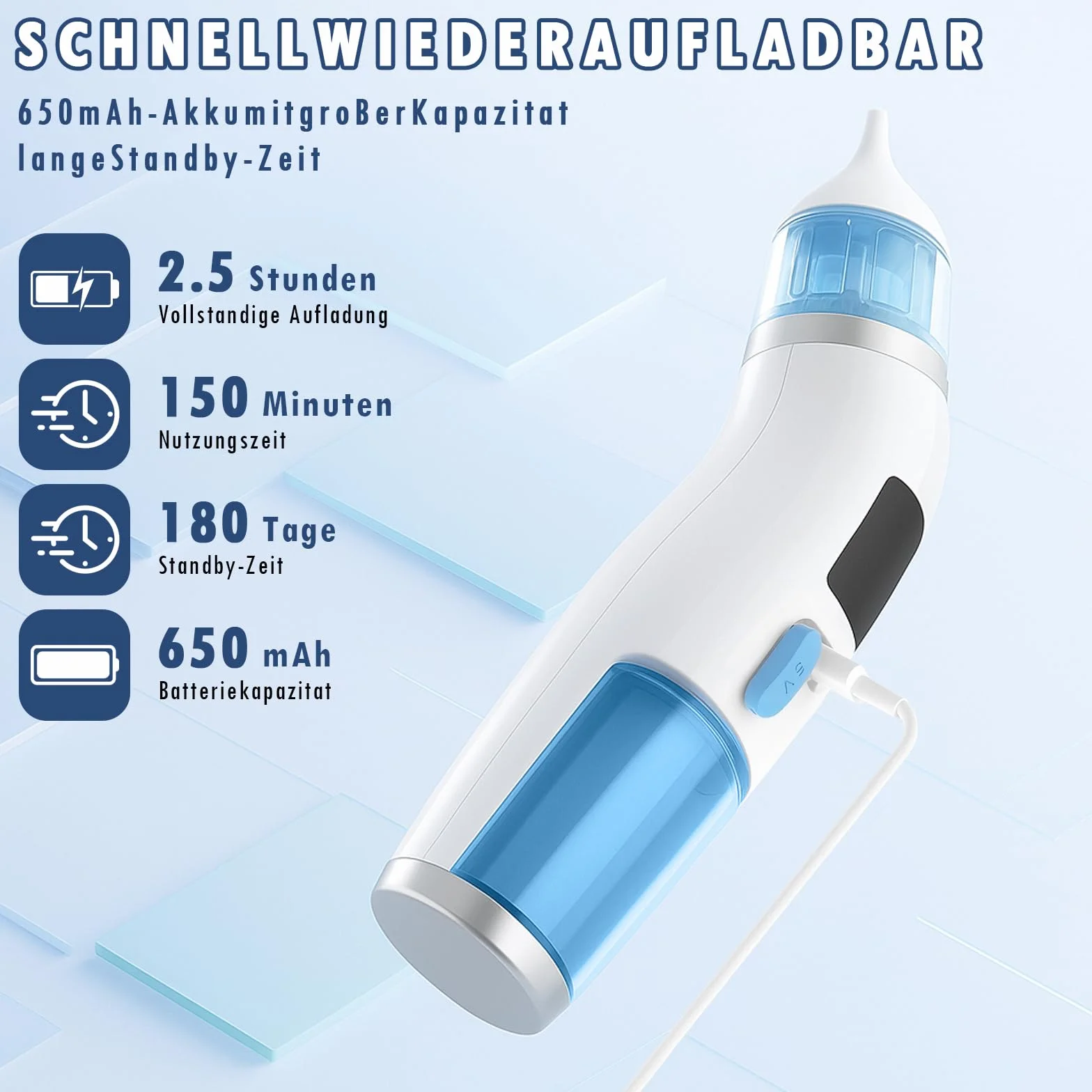 Elektryczny aspirator do nosa dla niemowląt, z 5-stopniową siłą ssania i 3 wymiennymi końcówkami silikonowymi, zintegrowana muzyka, uspokajające światło i wyświetlacz LCD