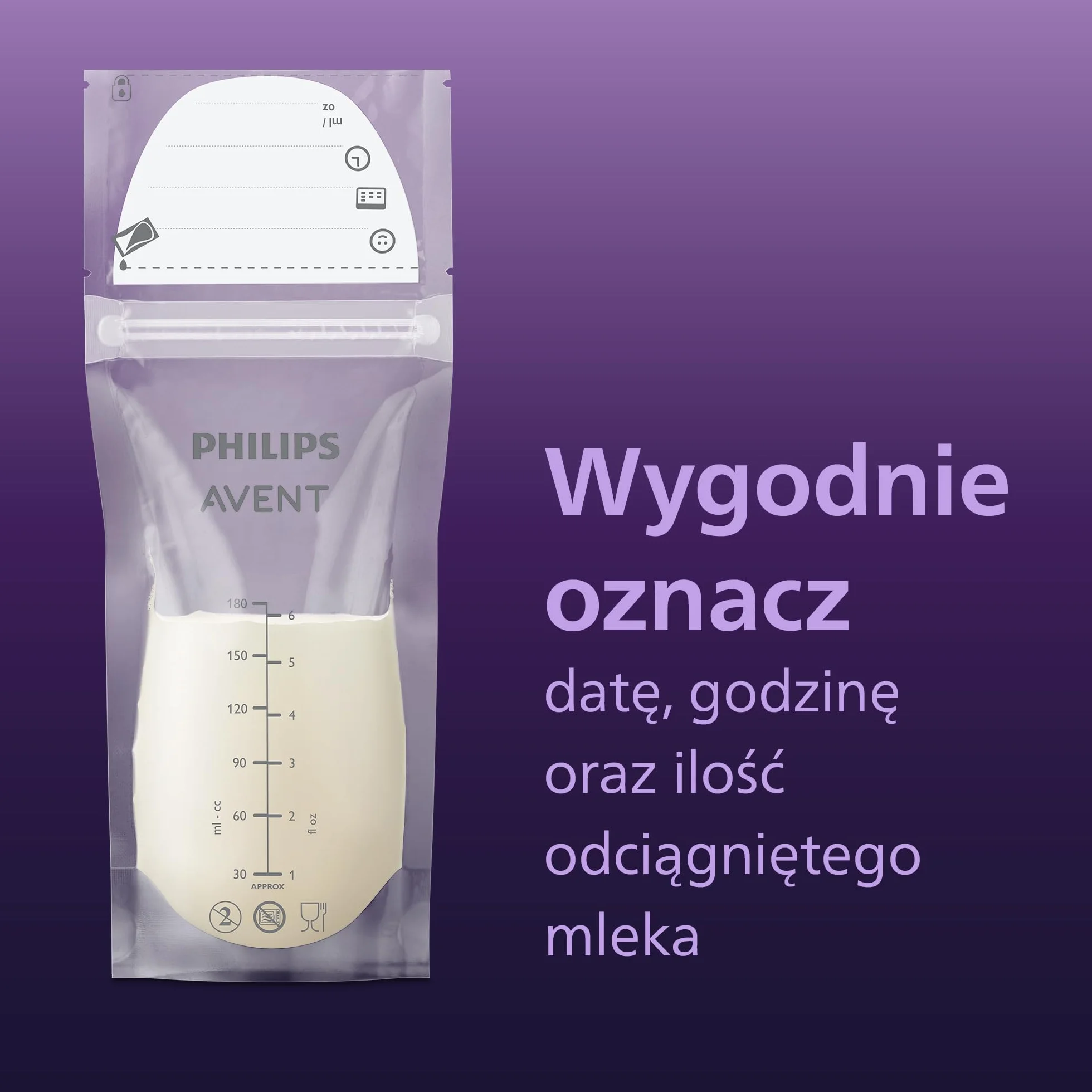 Philips Avent Woreczki do przechowywania pokarmu, Wysterylizowany, Szeroki otwór, Wykonany z materiału niezawierającego bisfenolu A, Solidność i wytrzymałość, 180 ml, 25 woreczków, SCF603/25