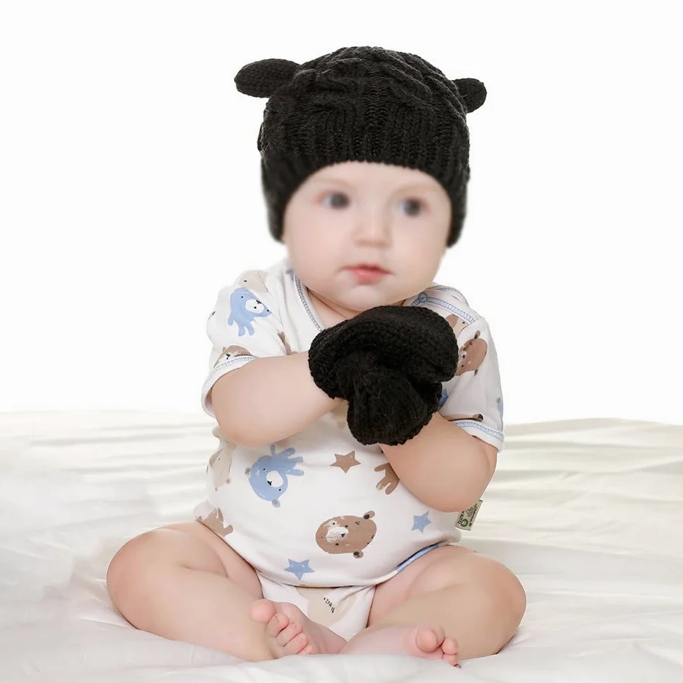 Dziewczęta Chłopcy Zimowa ciepła czapka z dzianiny Ucho Solidna, ciepła, śliczna rękawiczka 2 szt. Urocza czapka typu Beanie 0-18M