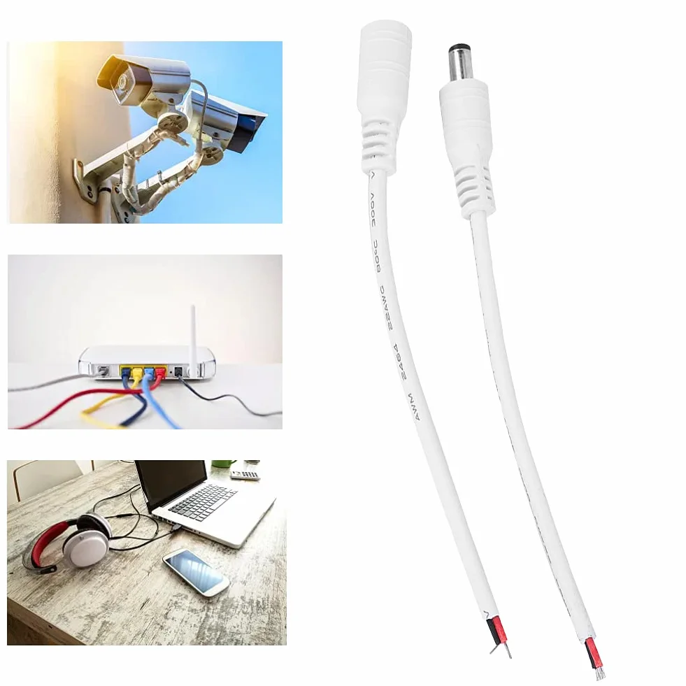 Złącze Zasilania DC 5,5x2,1mm, Męsko-Żeńskie, Zestaw 5 Par, Biały, z Przewodem (Biały)