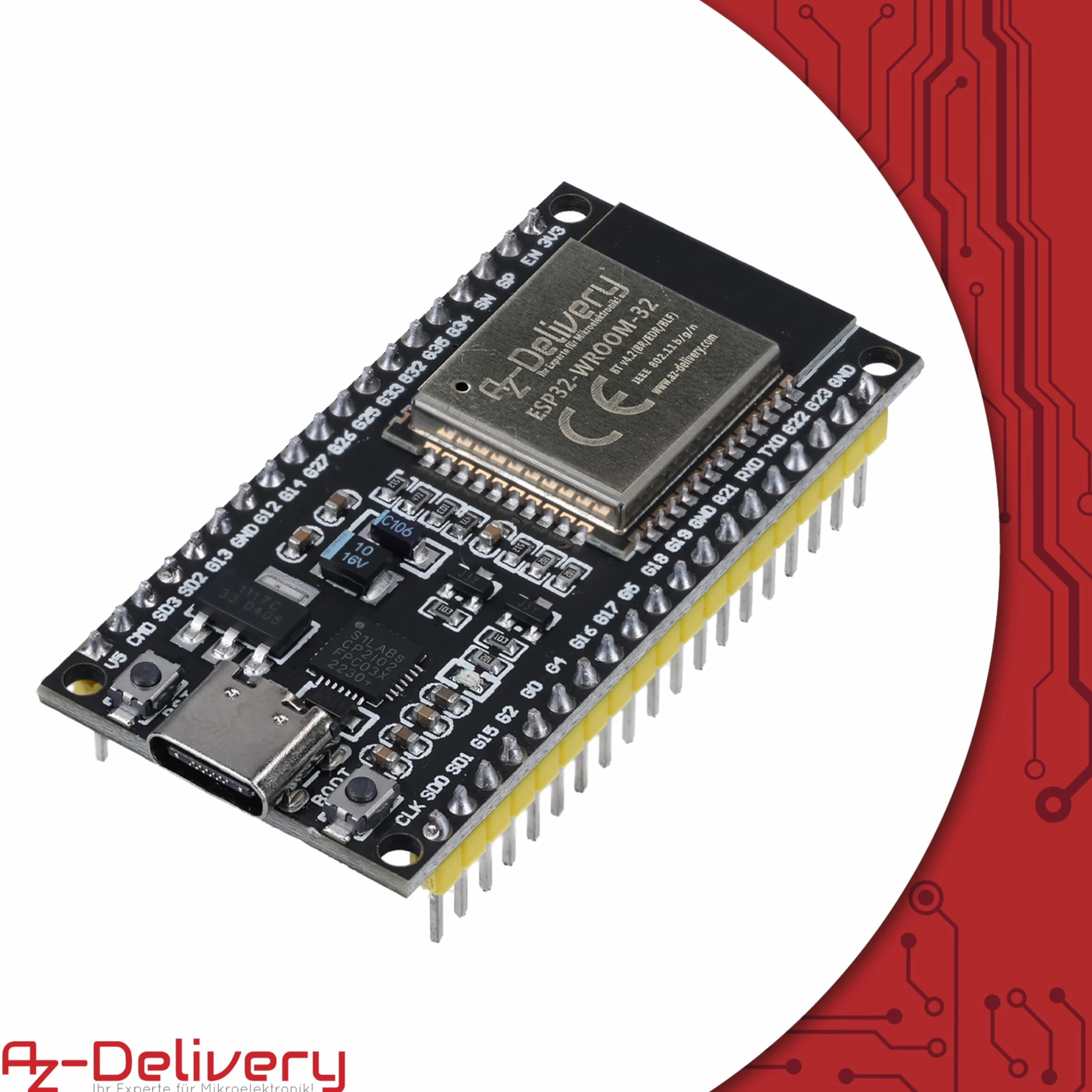 AZDelivery 1 x ESP32 NodeMCU Zestaw C Dev WLAN Moduł z CP2102 i portem USB-C | ESP32 WROOM 32 | Kompatybilny z Arduino i e-book w zestawie