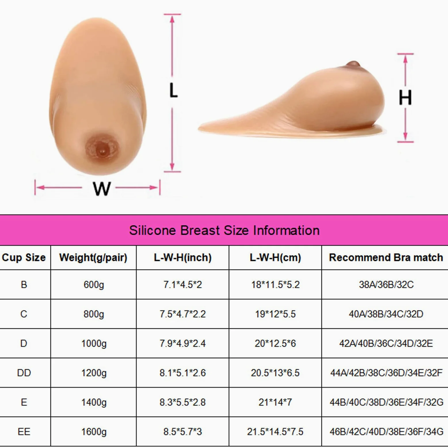 Silikonowe Wkładki Do Biustonosza Dla Kobiet Samoprzylepne Przeznaczone Dla Kobiet Po Mastektomii, Do Cosplayu I Dla Osób Transpłciowych(1200g/pair, Suntan)