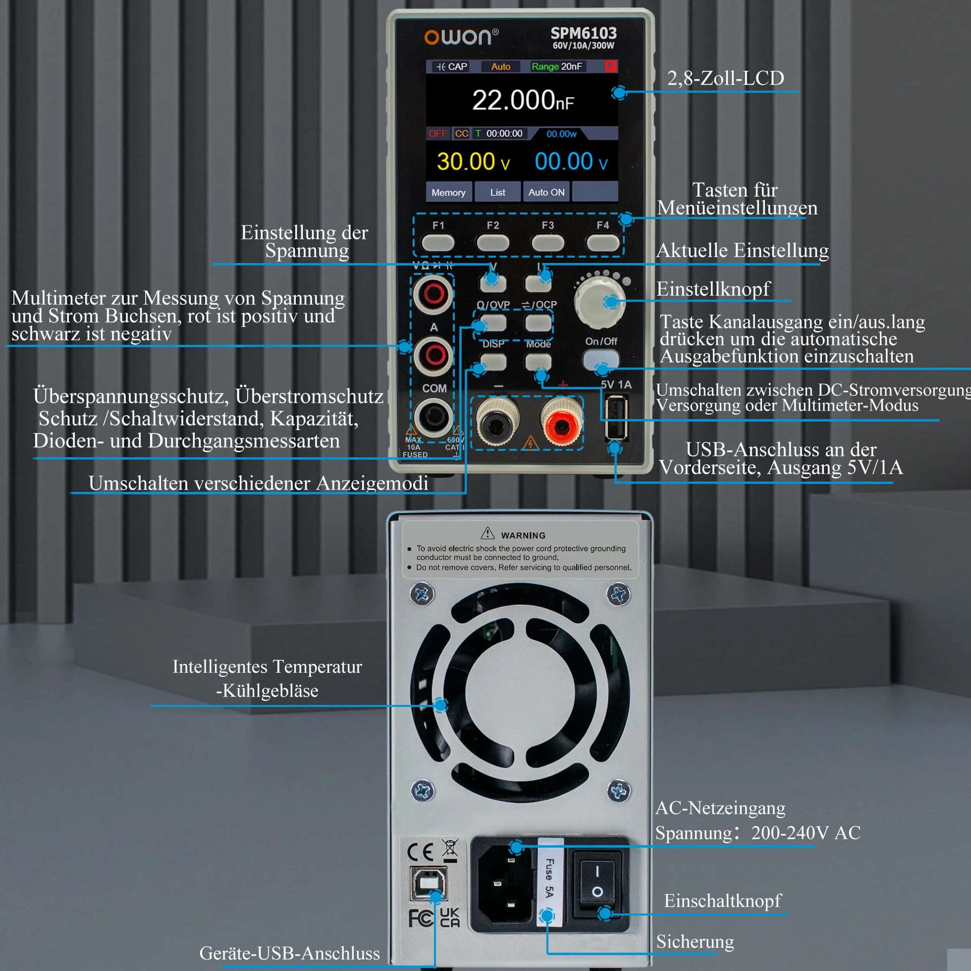 OWON Zasilanie DC Z Multimetrem 2 W 1, Moliwo Regulacji, Zasilanie Laboratoryjne, 10 MV/1 MA, Wysoka Rozdzielczo, 4 1/2 Cyfrowy Multimetr, Wywietlacz 2,8 Cala (300 W/60 V/10 A/SPM6103)