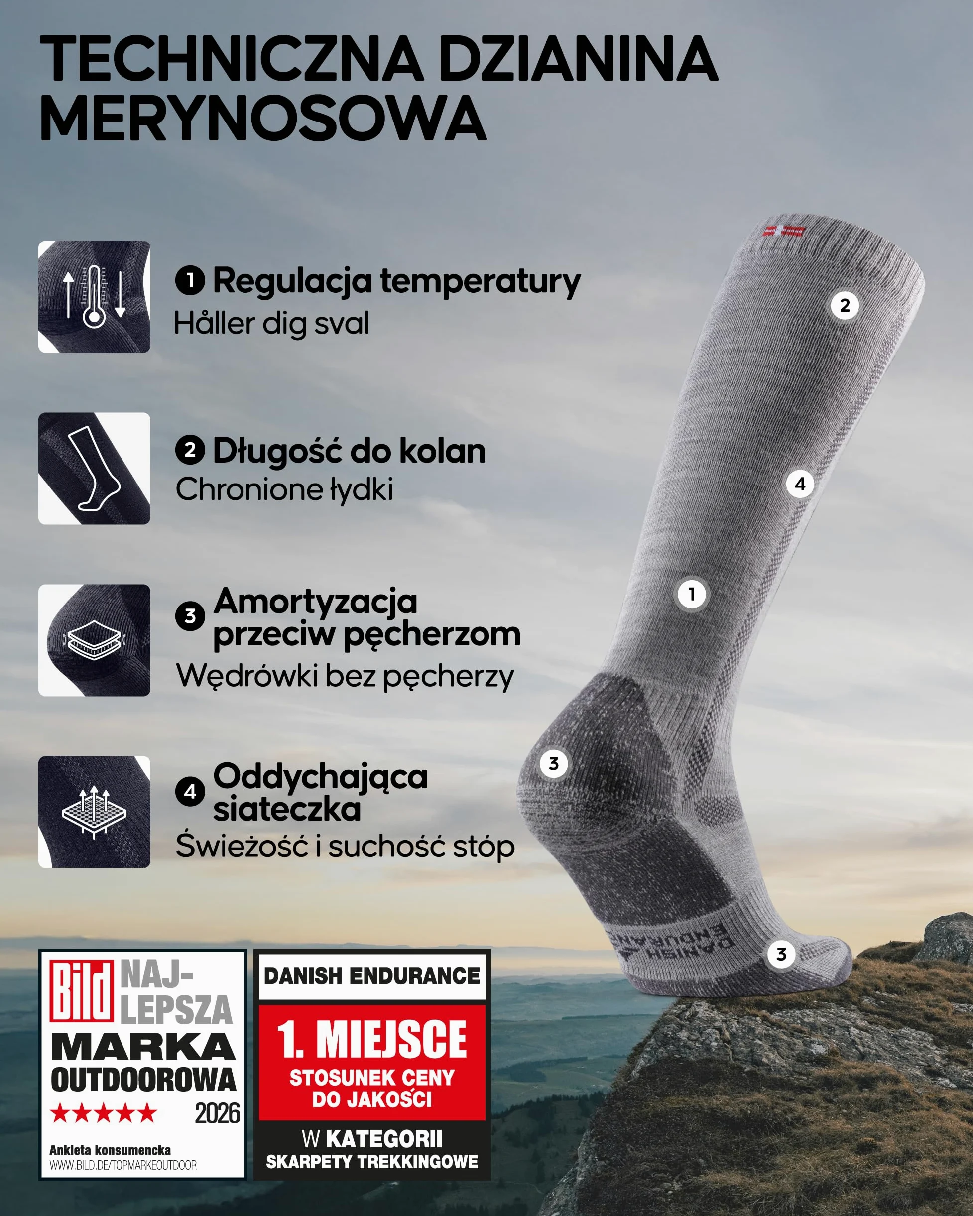 DANISH ENDURANCE Wysokie Skarpety Trekkingowe z Wełny Merino, Do Kolana, Amortyzowane, Męskie i Damskie, 1-Pak lub 3-Pak