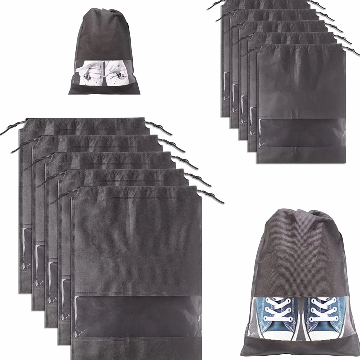 Lovesmile Torba na buty, 10 sztuk, włóknina, zapięcie na sznurek, szare, 2 różne rozmiary, pyłoszczelne, wodoodporne, lekkie, przezroczyste okienko, 10 szt, Szary, Czas wolny