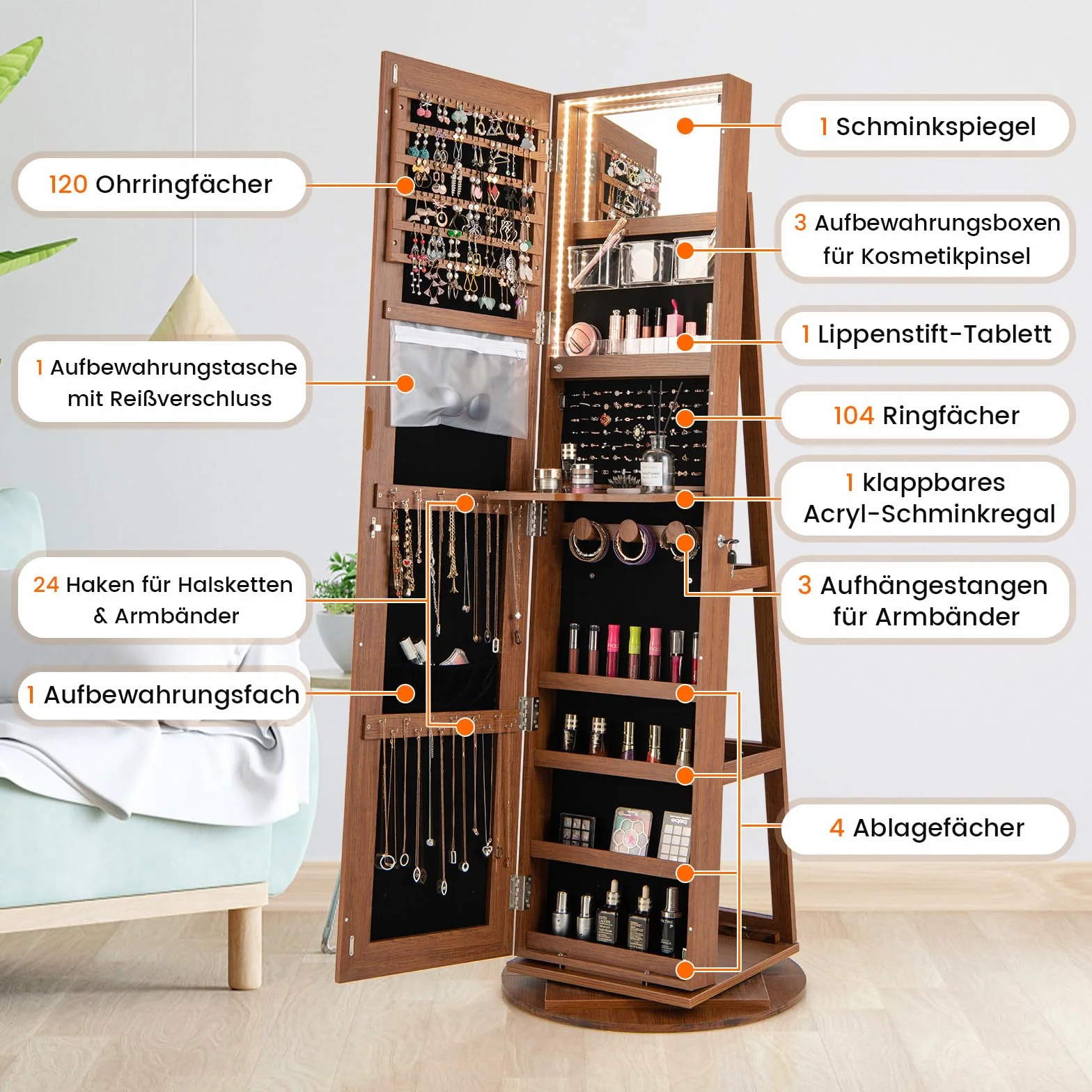 COSTWAY Szafka na biżuterię z diodami LED, szafka z lustrem, obracana o 360°, z pełnym lustrem, bez ramy, zamykana organizacja biżuterii, przechowywanie biżuterii (brązowa)