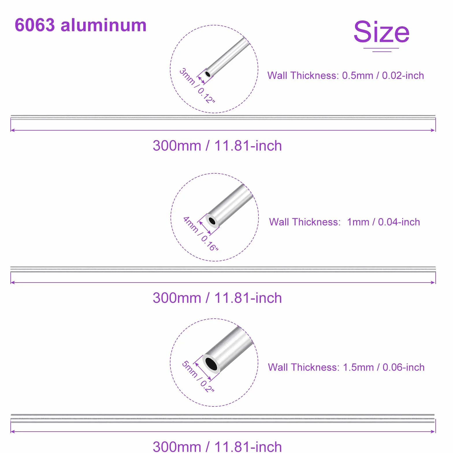 DMiotech 3-pak (3 mm 4 mm 5 mm średnica zewnętrzna x 2 mm ID) 6063 aluminiowa okrągła rura o długości 300 mm przemysłowe metalowe rury do budowy ram maszyn projekty DIY