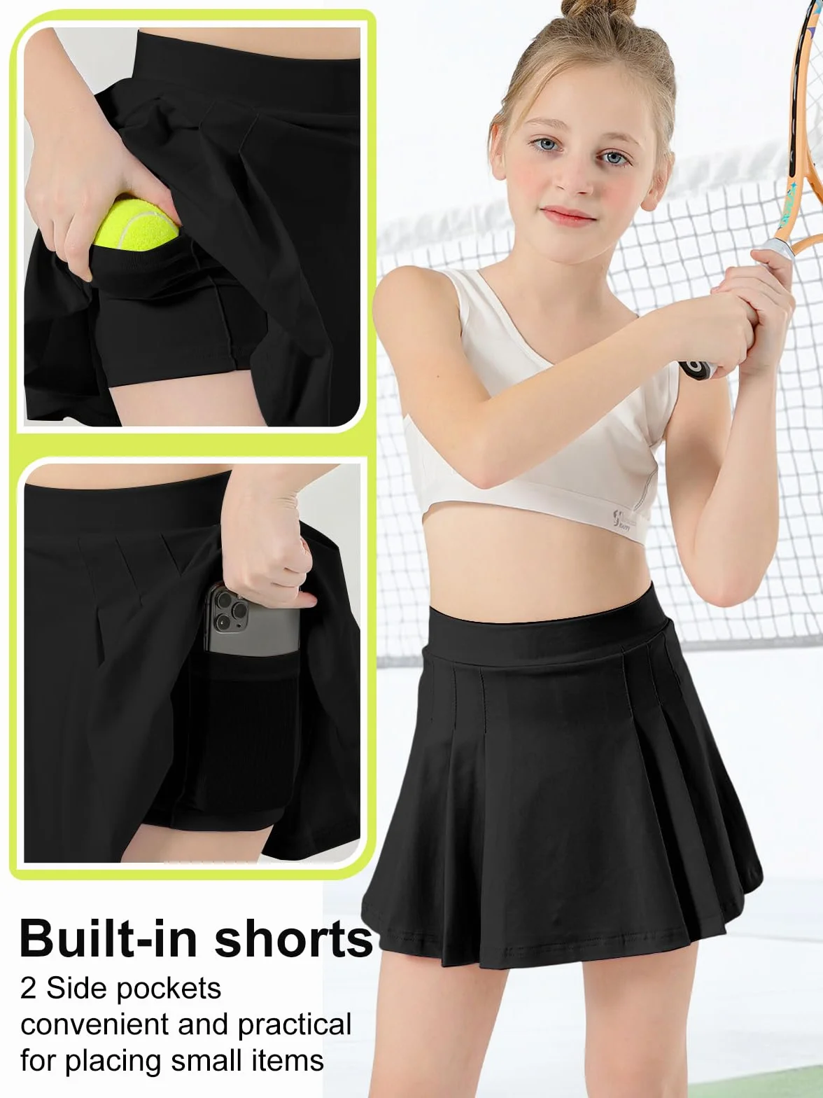 Spódnica tenisowa dla dziewcząt, plisowana spódnica ze spodenkami wewnętrznymi, kieszeniami, spódniczka sportowa, do golfa, skort, minispódniczka, mundurek szkolny 4-15