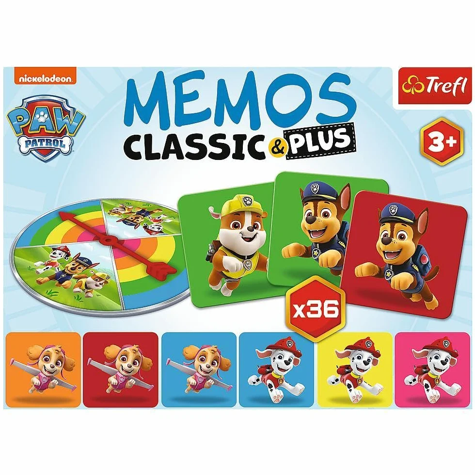 Trefl - Memos Classic & Plus, PAW Patrol - Edukacyjna Gra Pamięciowa dla Maluchów, Odnajdywanie Par Obrazków, Różne Warianty Zabawy, Tarcza Losująca, Gra Memory z Bohaterami Bajki dla Dzieci od 3 lat