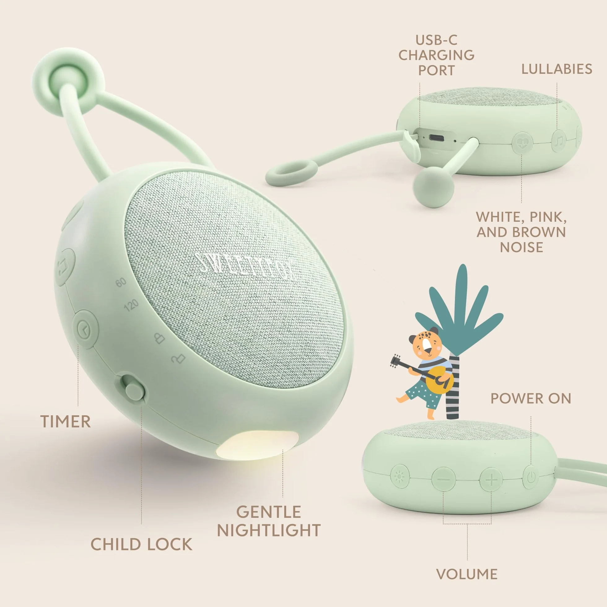 Sweety Fox Baby White Noise Machine - Zielony, Baby Kołysanka, Lampka nocna i White Noise Sleep, 15 dźwięków, Ładowanie przez USB