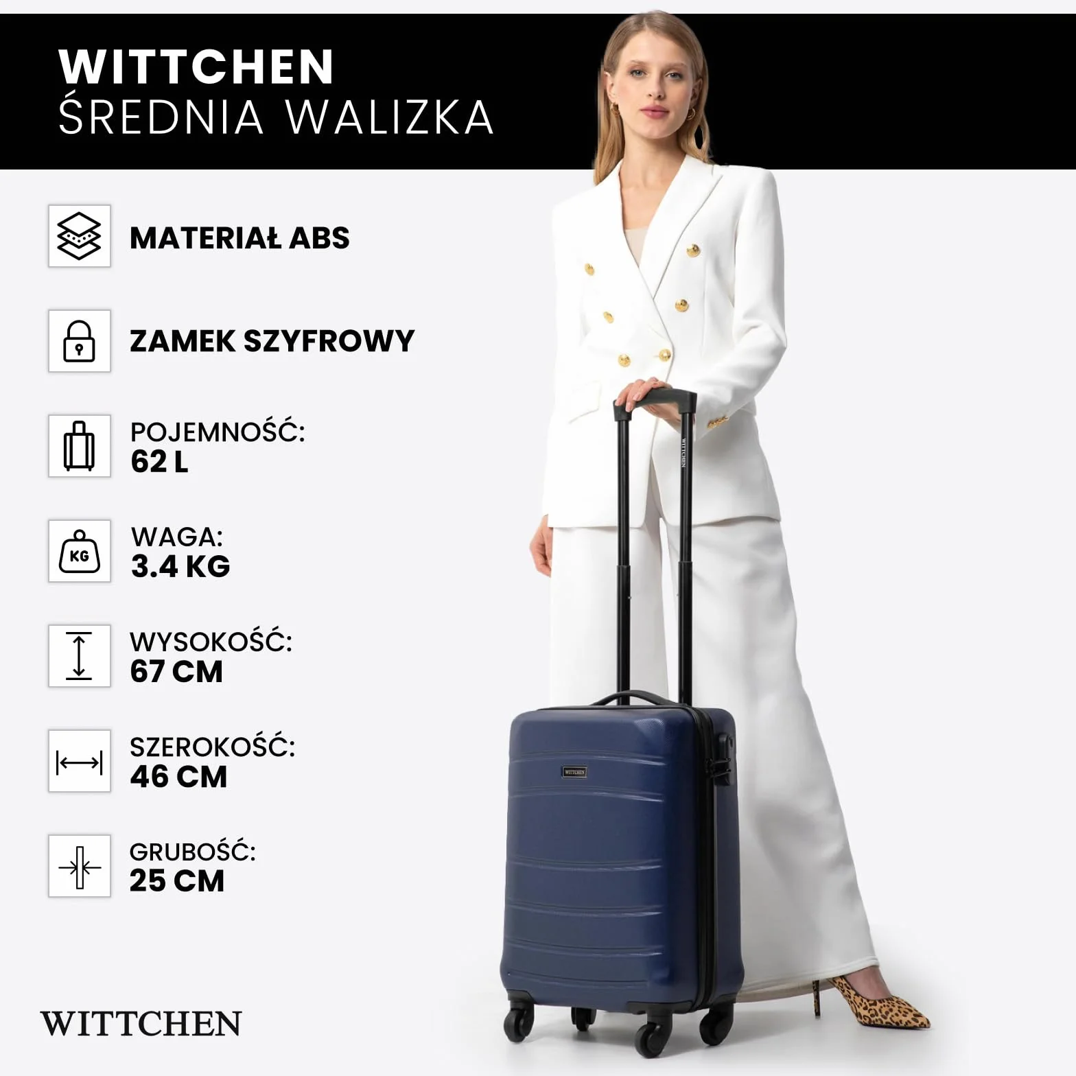WITTCHEN Średni Wózek Walizka Podróżna z ABS - Twarda Skorupa, 4 Koła, Zamek Szyfrowy, Ciemnoniebieski 56-3A-652-90