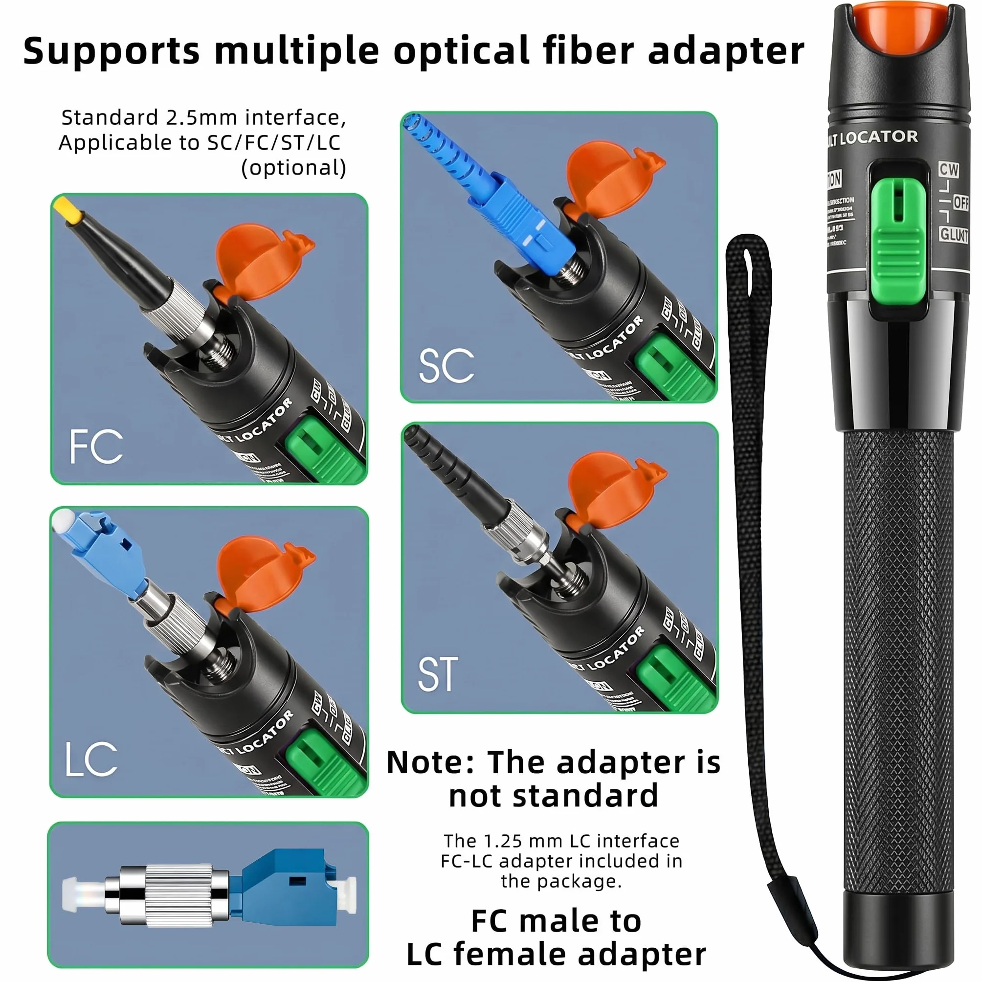 Wizualny lokalizator błędów 30 MW z miernikiem mocy optycznej i adapterem jednomodowym FC-LC 9/125 μm, zestaw FTTH 2 w 1, tester światłowodowy VFL z miernikiem mocy światłowodowej OPM